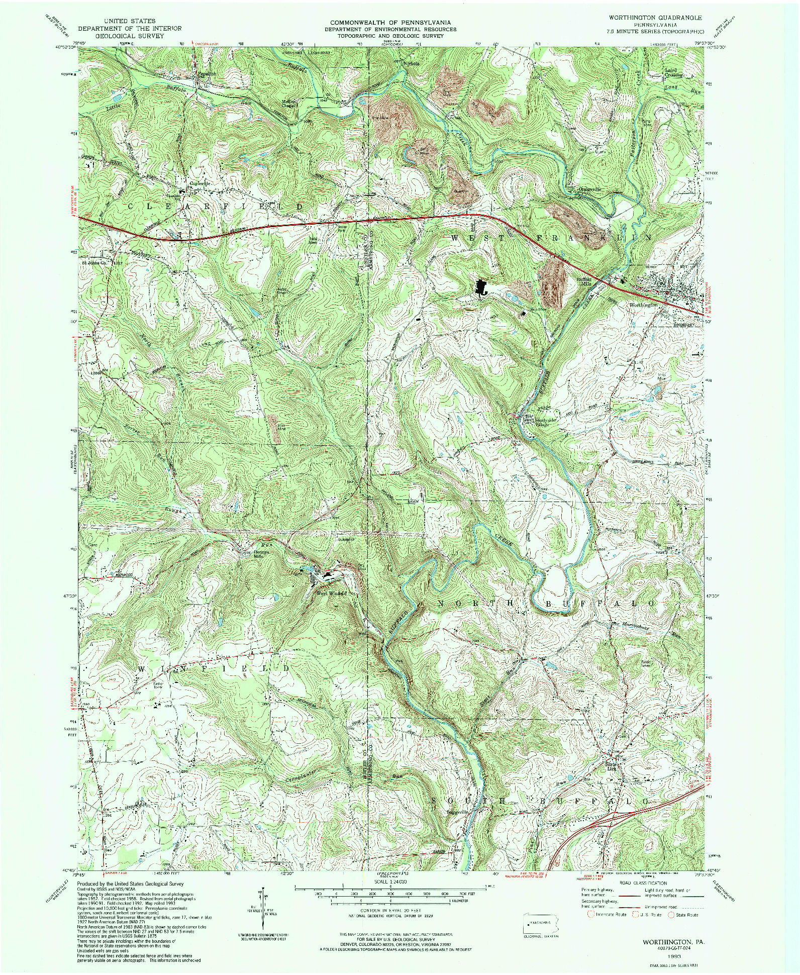 USGS 1:24000-SCALE QUADRANGLE FOR WORTHINGTON, PA 1993