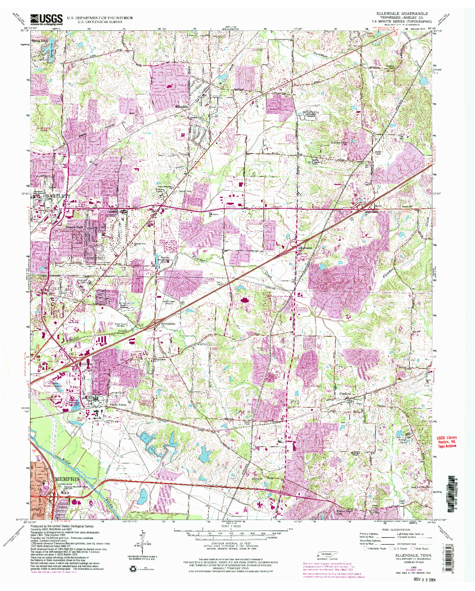 USGS 1:24000-SCALE QUADRANGLE FOR ELLENDALE, TN 1965