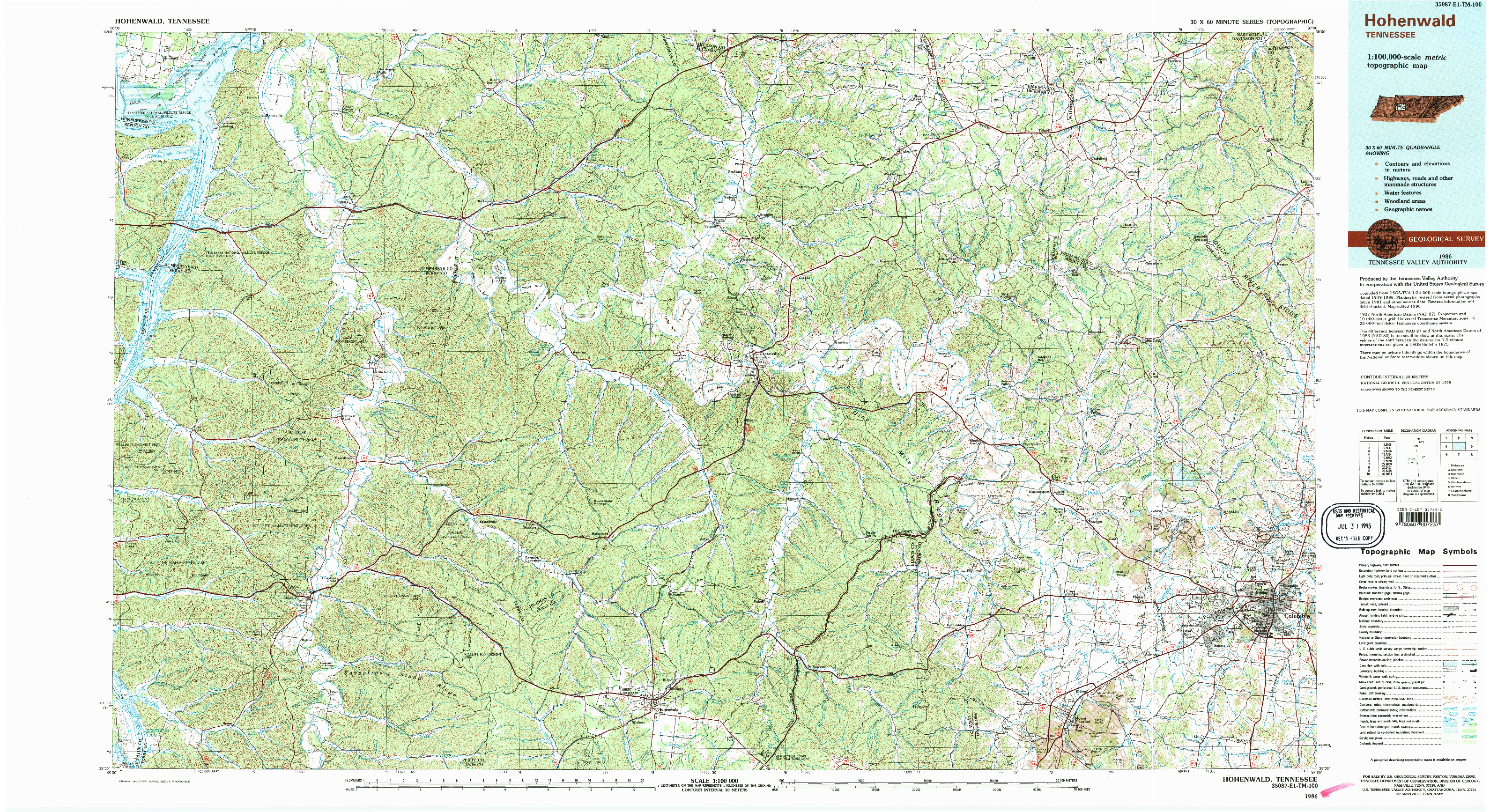 USGS 1:100000-SCALE QUADRANGLE FOR HOHENWALD, TN 1986