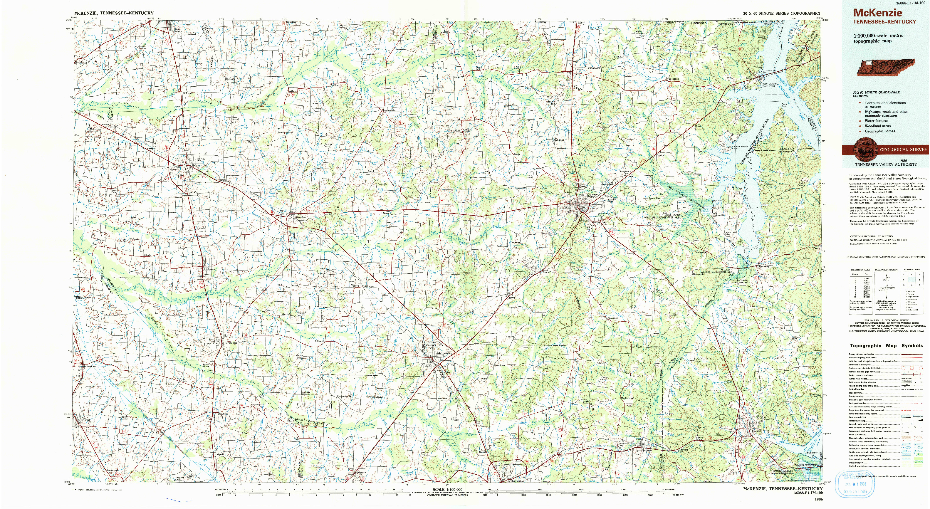 USGS 1:100000-SCALE QUADRANGLE FOR MCKENZIE, TN 1986