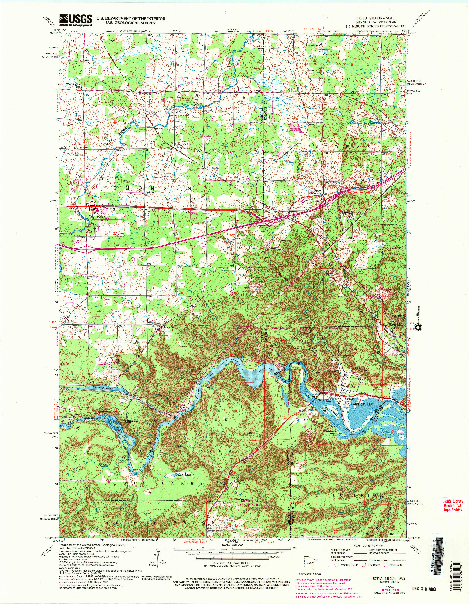 USGS 1:24000-SCALE QUADRANGLE FOR ESKO, MN 1954