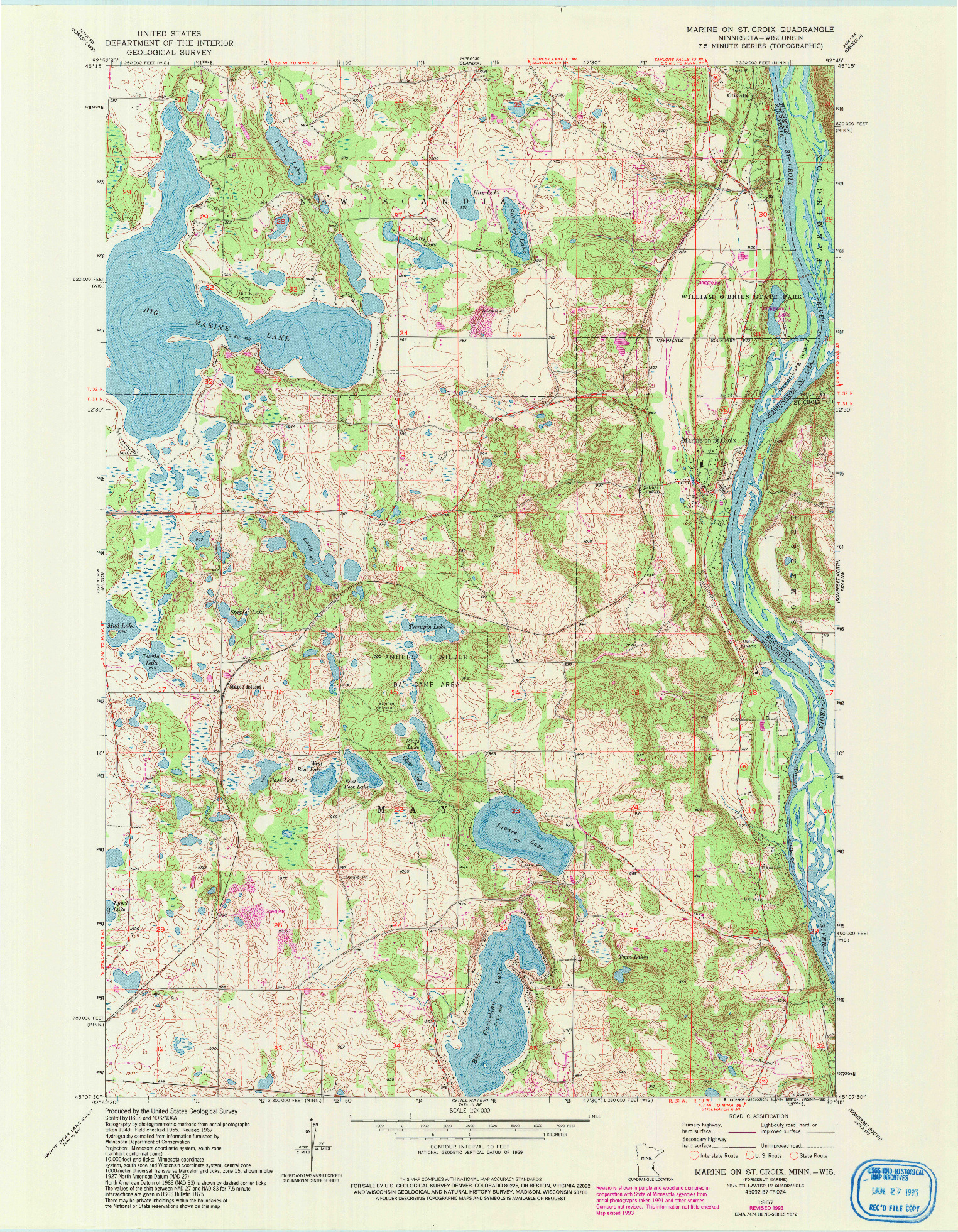 USGS 1:24000-SCALE QUADRANGLE FOR MARINE ON ST. CROIX, MN 1967