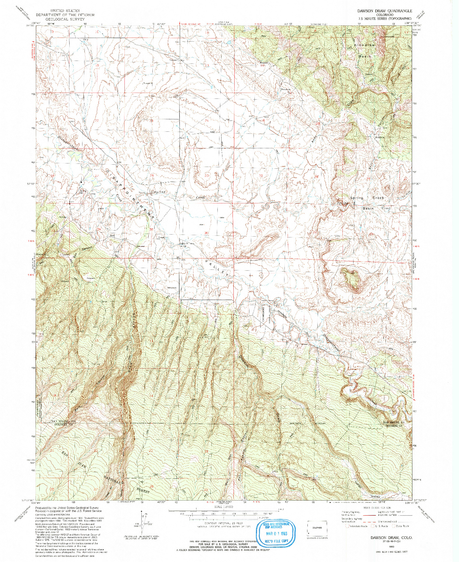 USGS 1:24000-SCALE QUADRANGLE FOR DAWSON DRAW, CO 1993