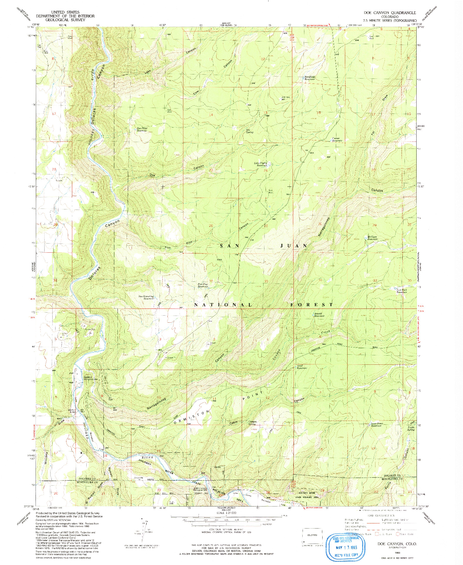 USGS 1:24000-SCALE QUADRANGLE FOR DOE CANYON, CO 1993