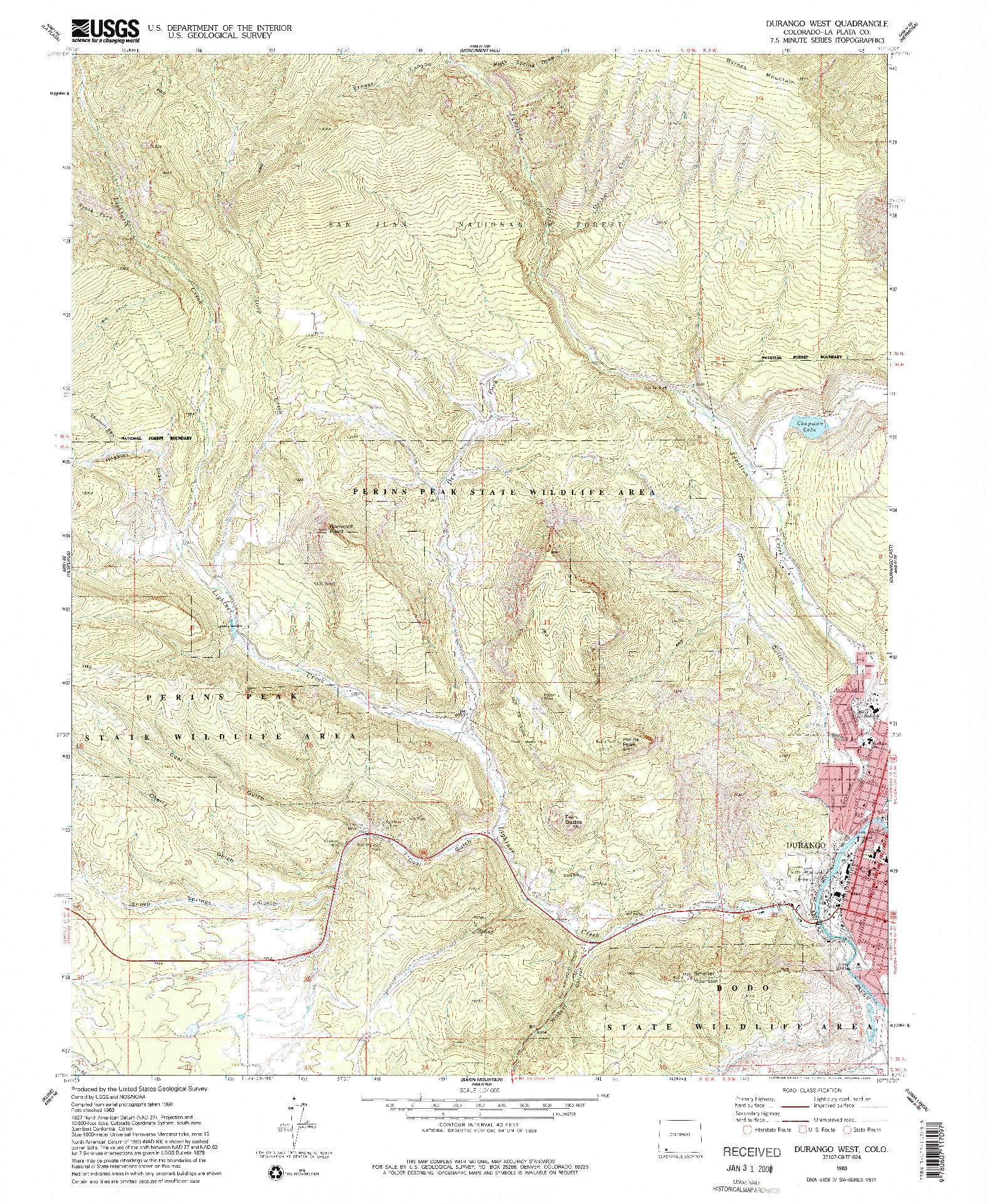 USGS 1:24000-SCALE QUADRANGLE FOR DURANGO WEST, CO 1963