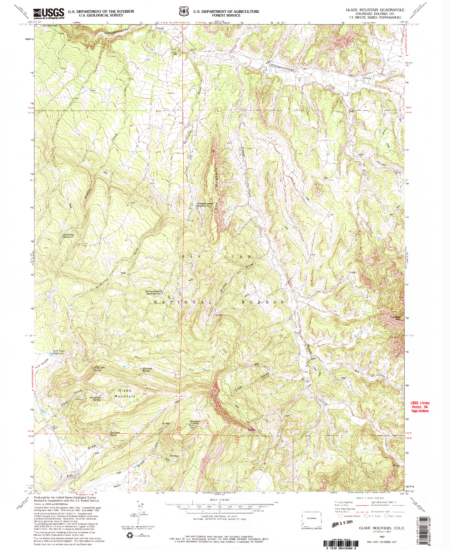 USGS 1:24000-SCALE QUADRANGLE FOR GLADE MOUNTAIN, CO 1993