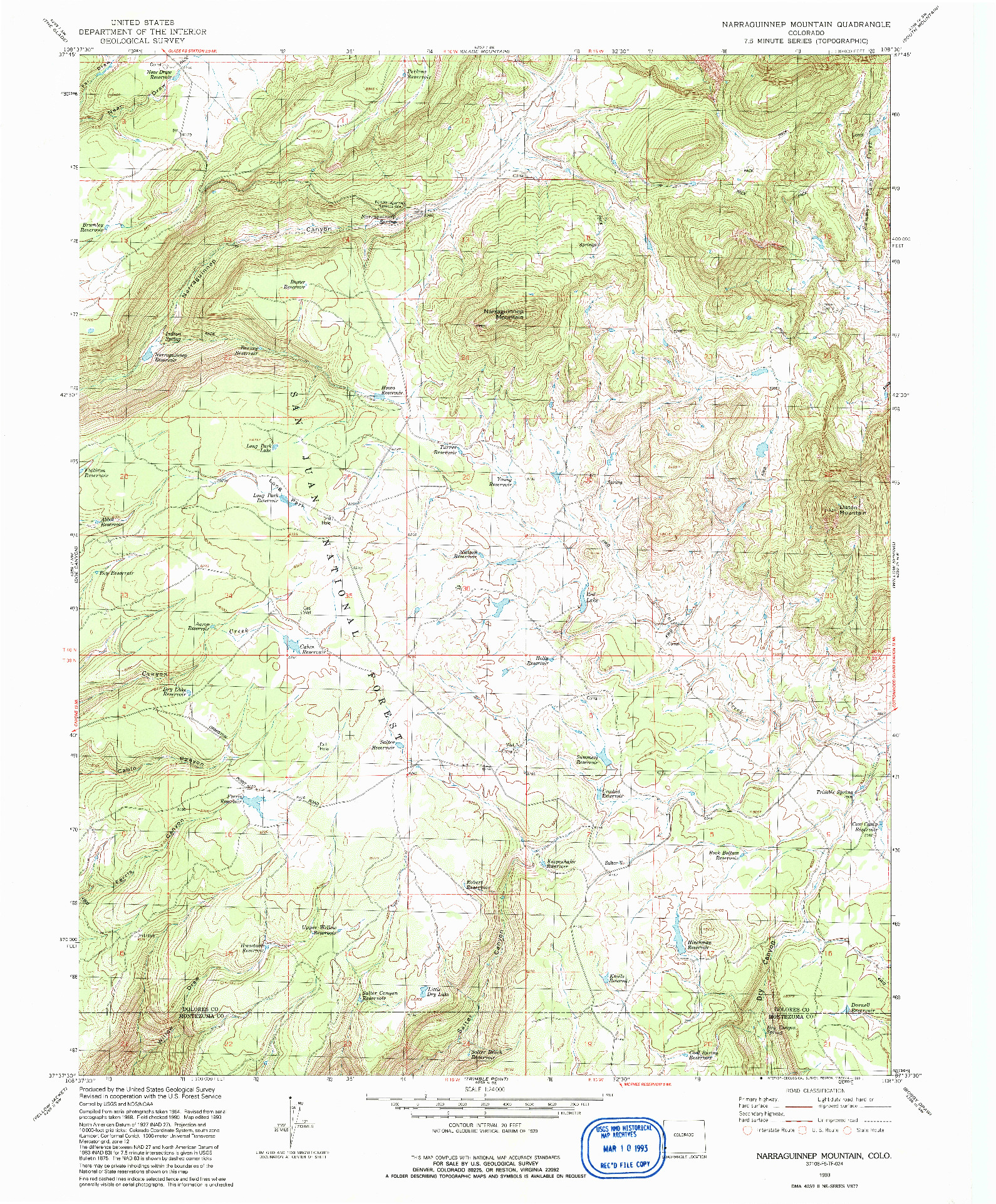USGS 1:24000-SCALE QUADRANGLE FOR NARRAGUINNEP MOUNTAIN, CO 1993