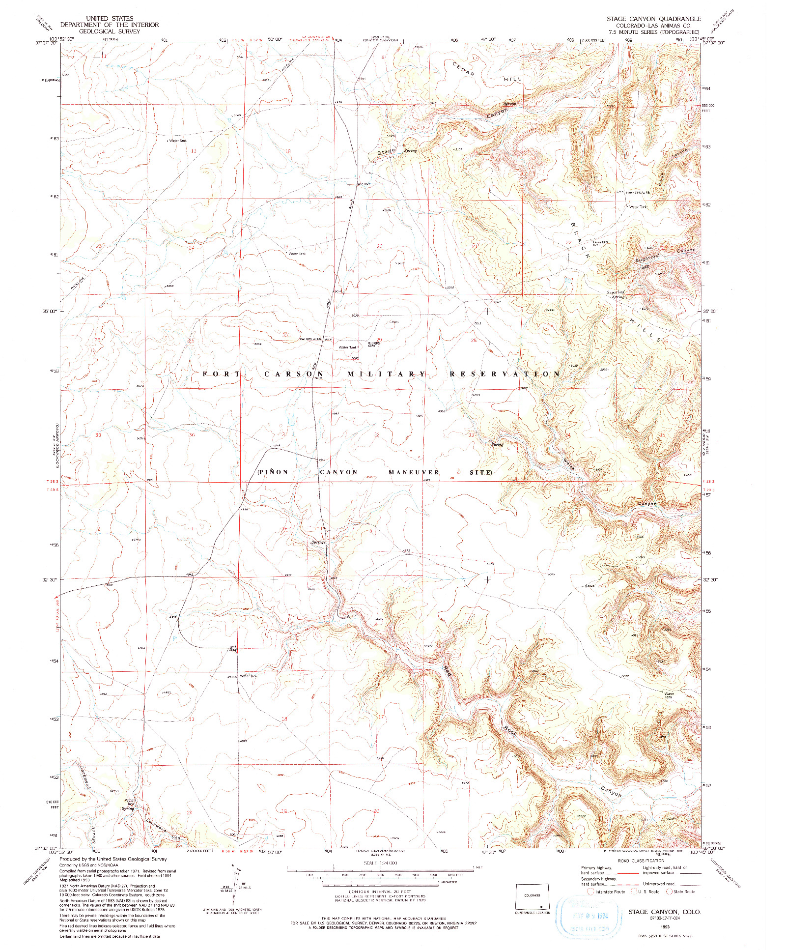 USGS 1:24000-SCALE QUADRANGLE FOR STAGE CANYON, CO 1993