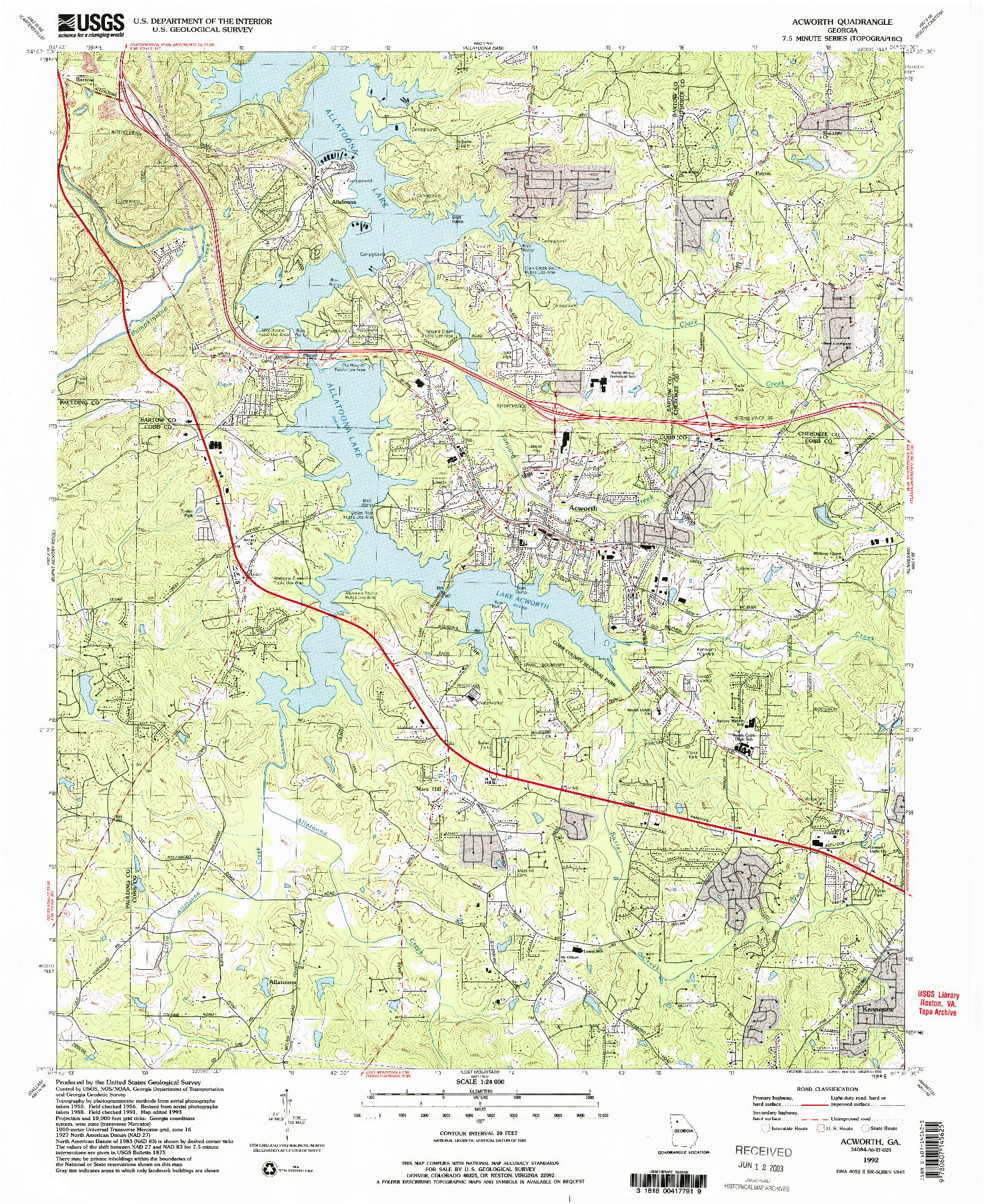 USGS 1:24000-SCALE QUADRANGLE FOR ACWORTH, GA 1992