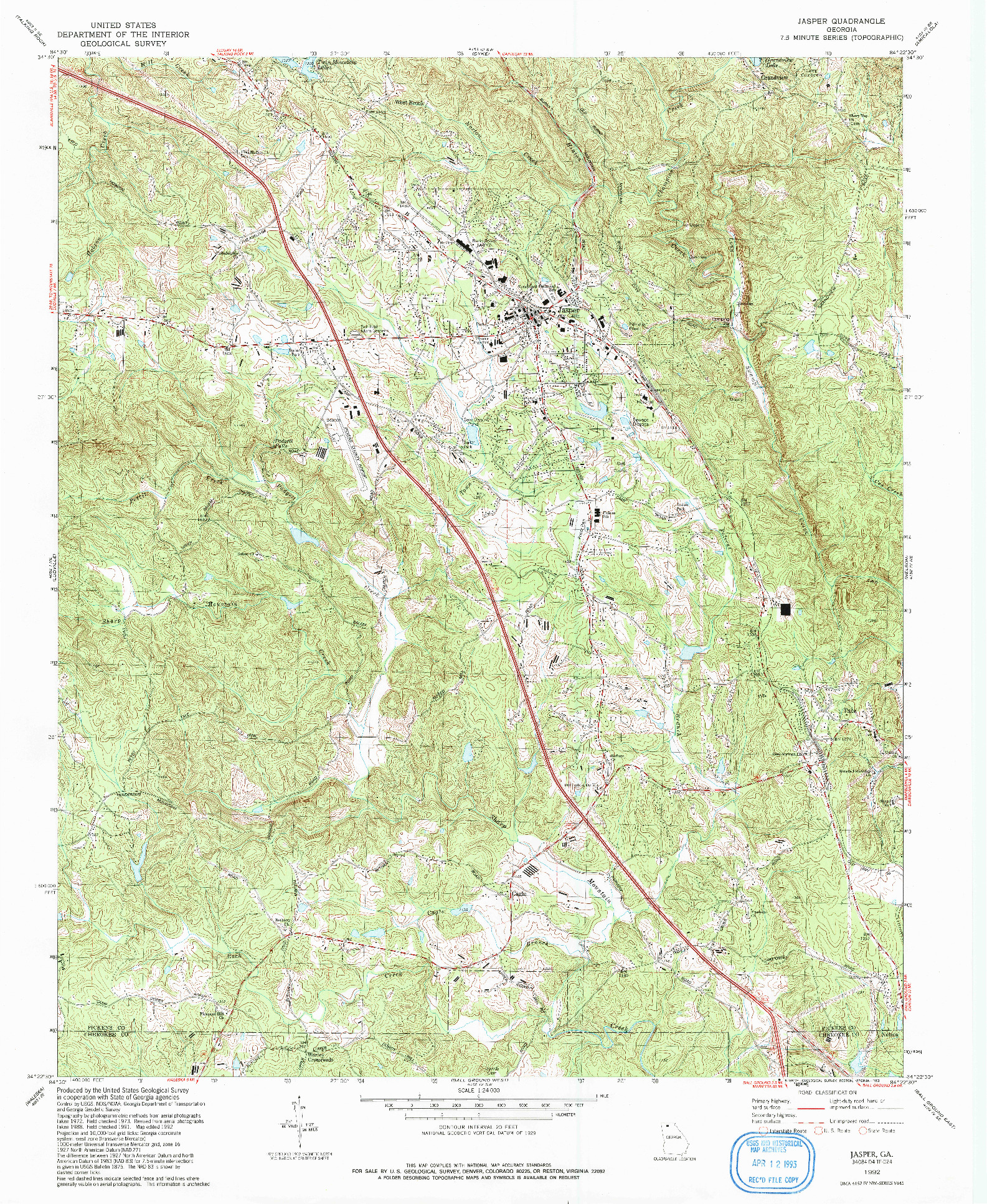USGS 1:24000-SCALE QUADRANGLE FOR JASPER, GA 1992