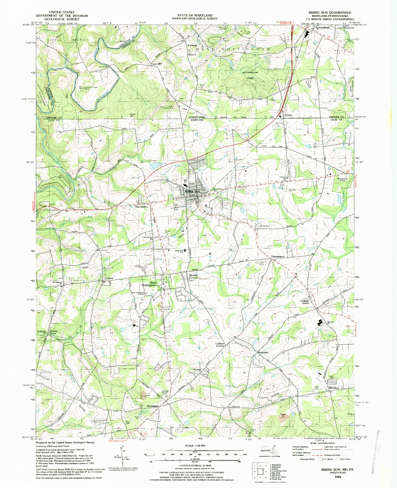 USGS 1:24000-SCALE QUADRANGLE FOR RISING SUN, MD 1992