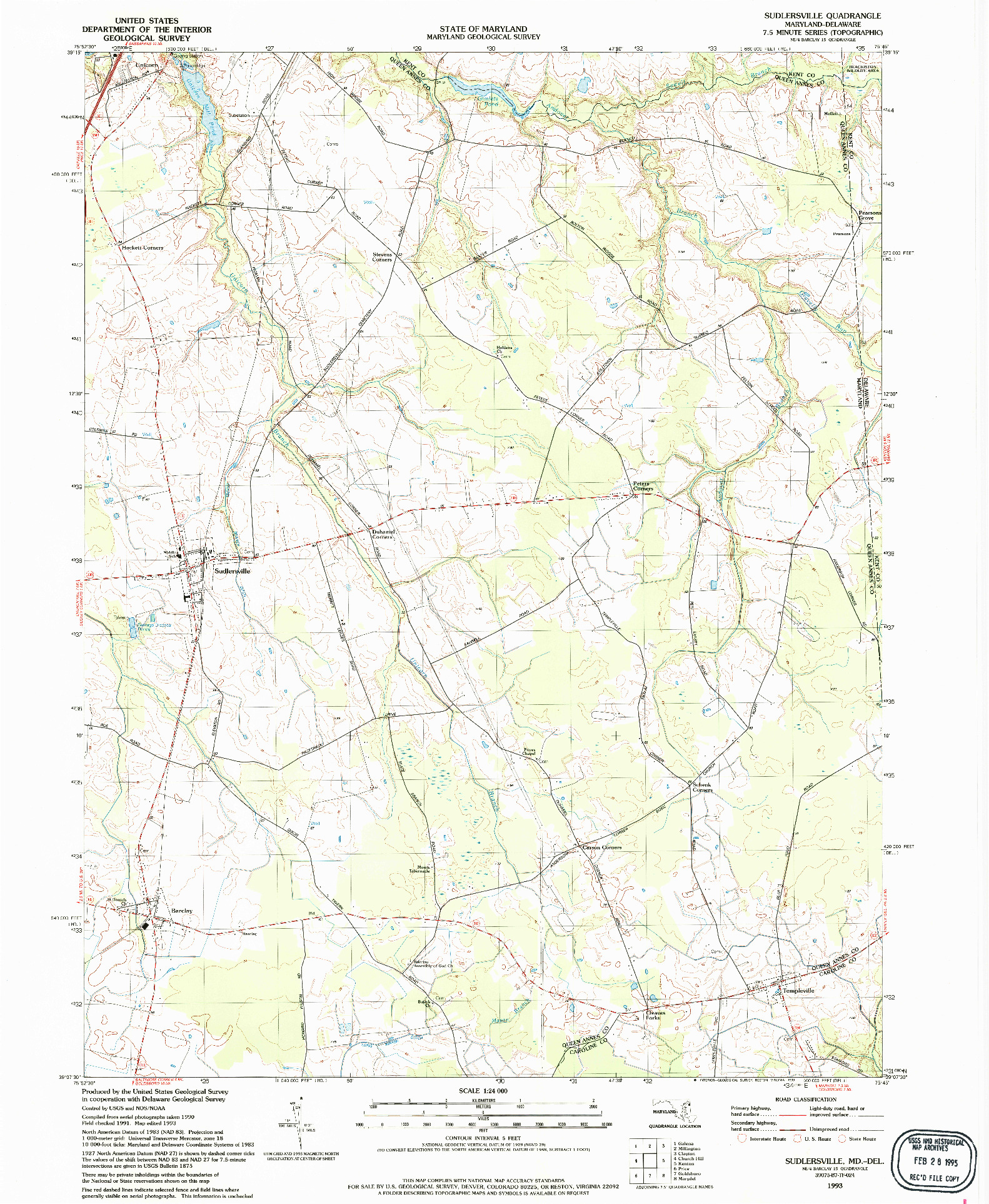 USGS 1:24000-SCALE QUADRANGLE FOR SUDLERSVILLE, MD 1993