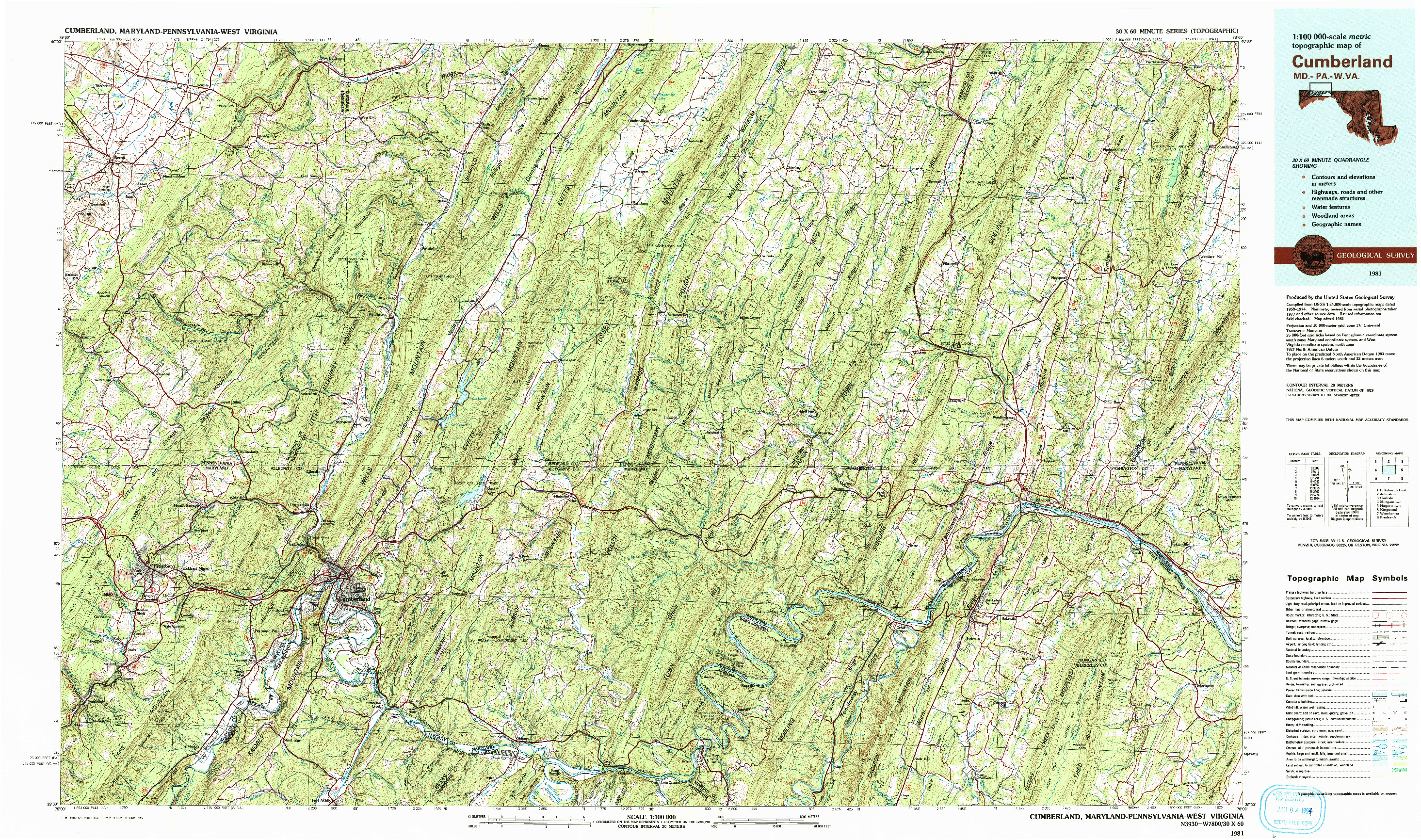 USGS 1:100000-SCALE QUADRANGLE FOR CUMBERLAND, MD 1981