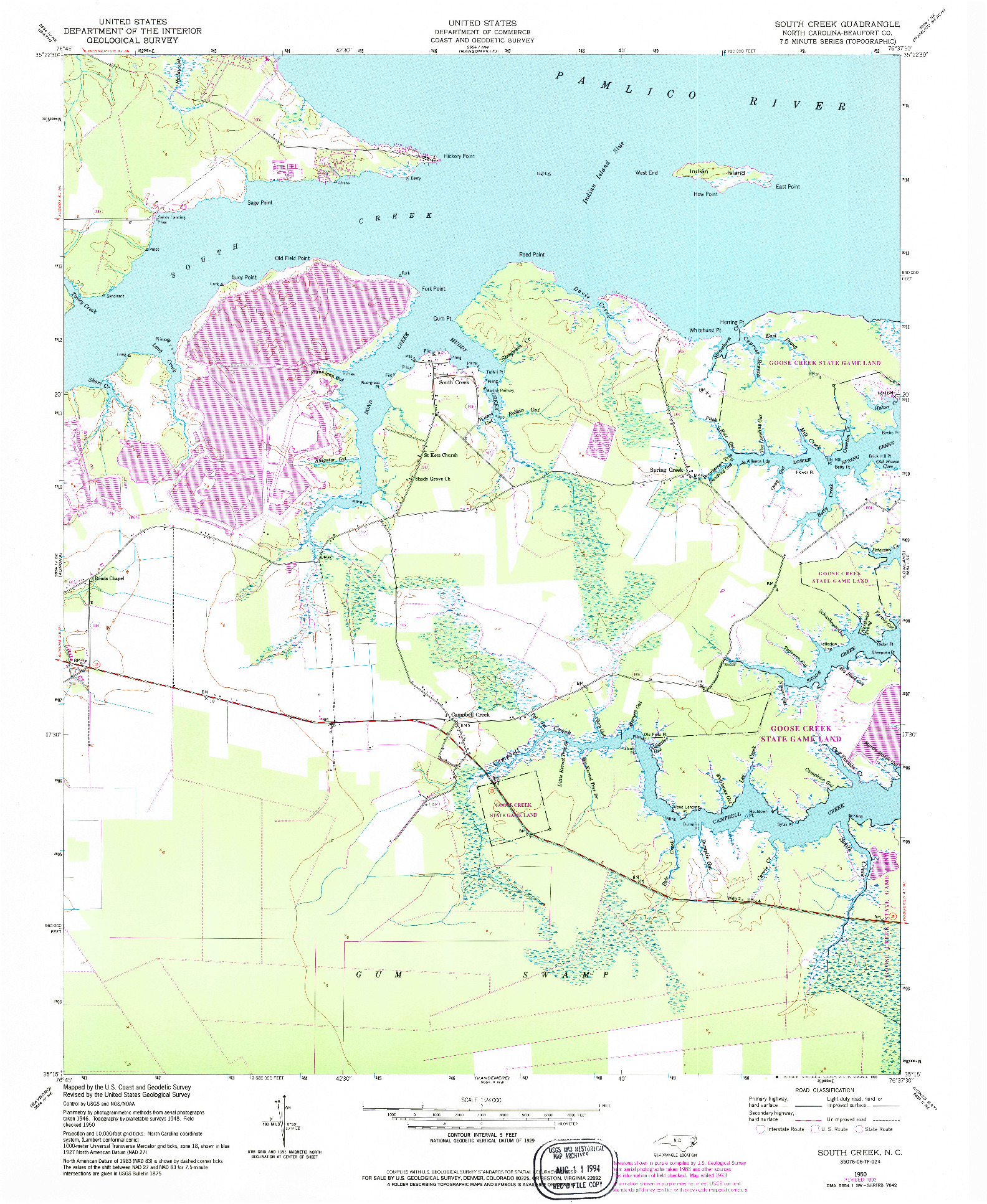 USGS 1:24000-SCALE QUADRANGLE FOR SOUTH CREEK, NC 1950