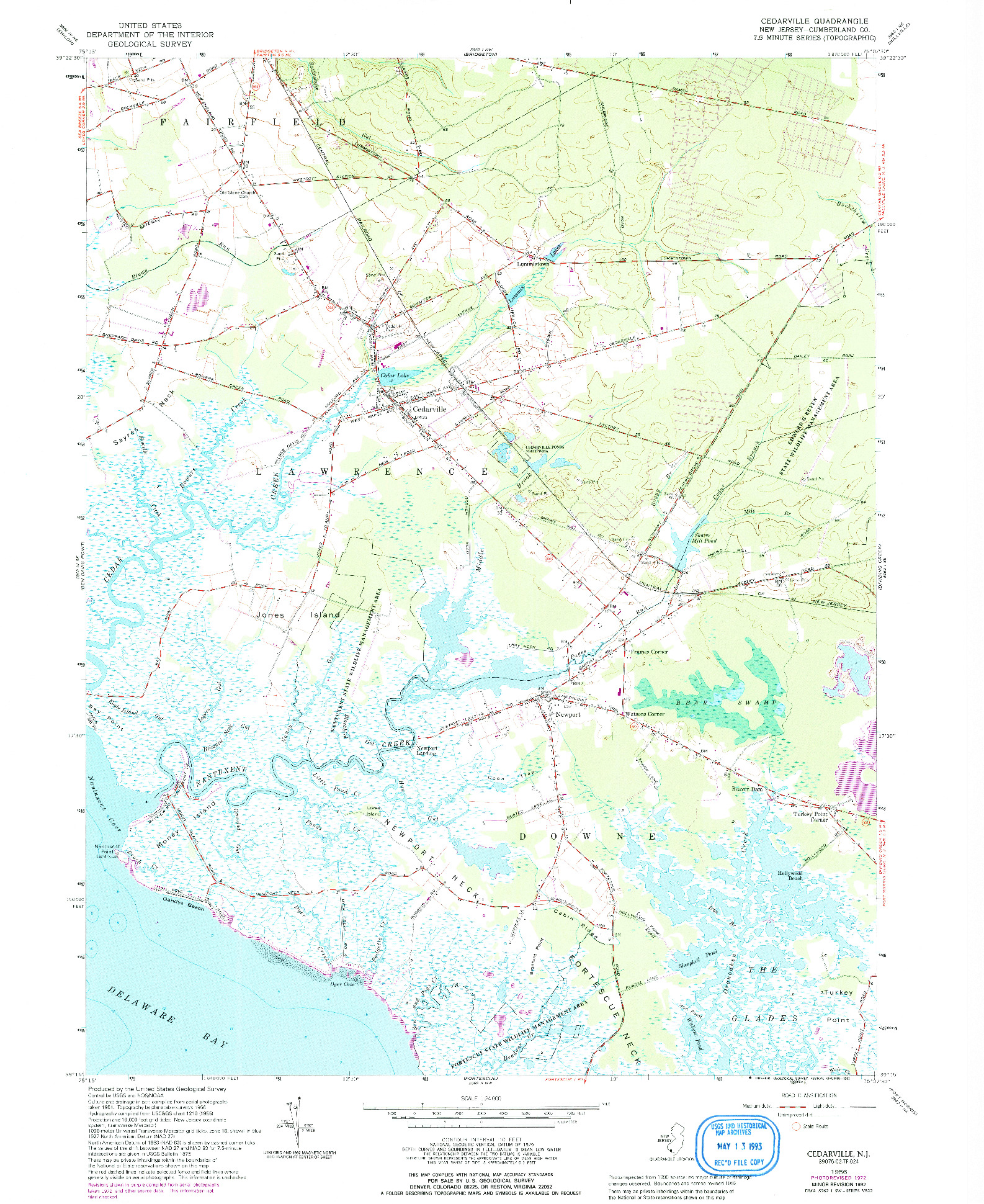 USGS 1:24000-SCALE QUADRANGLE FOR CEDARVILLE, NJ 1956