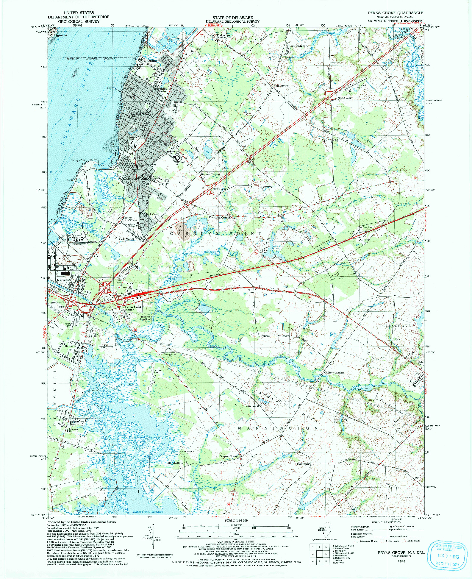 USGS 1:24000-SCALE QUADRANGLE FOR PENNS GROVE, NJ 1993