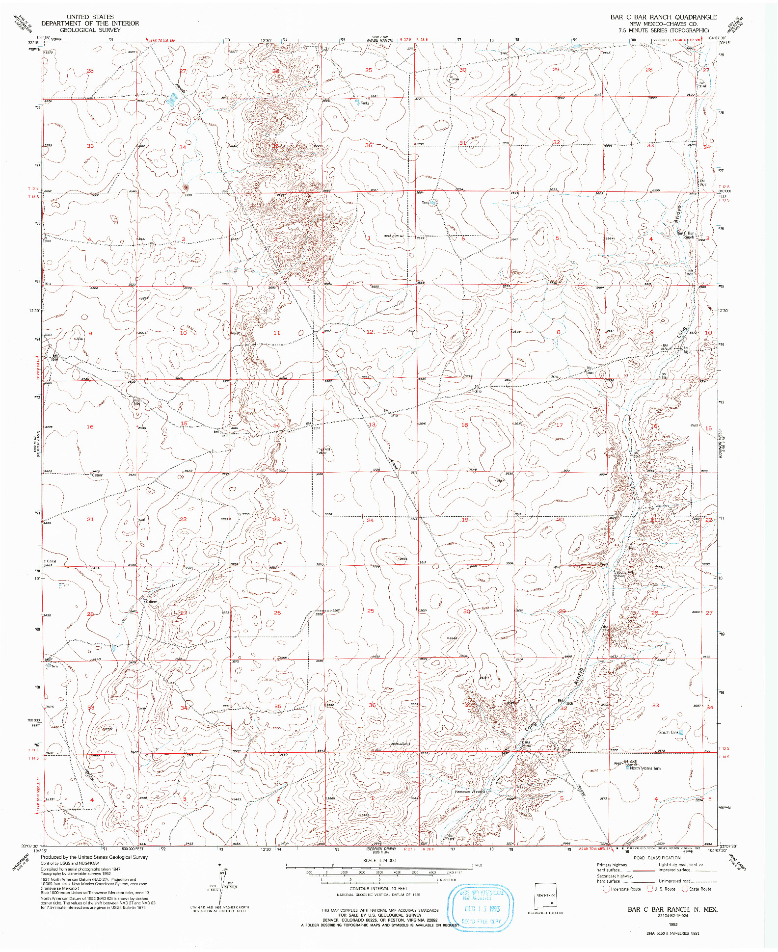 USGS 1:24000-SCALE QUADRANGLE FOR BAR C BAR RANCH, NM 1952