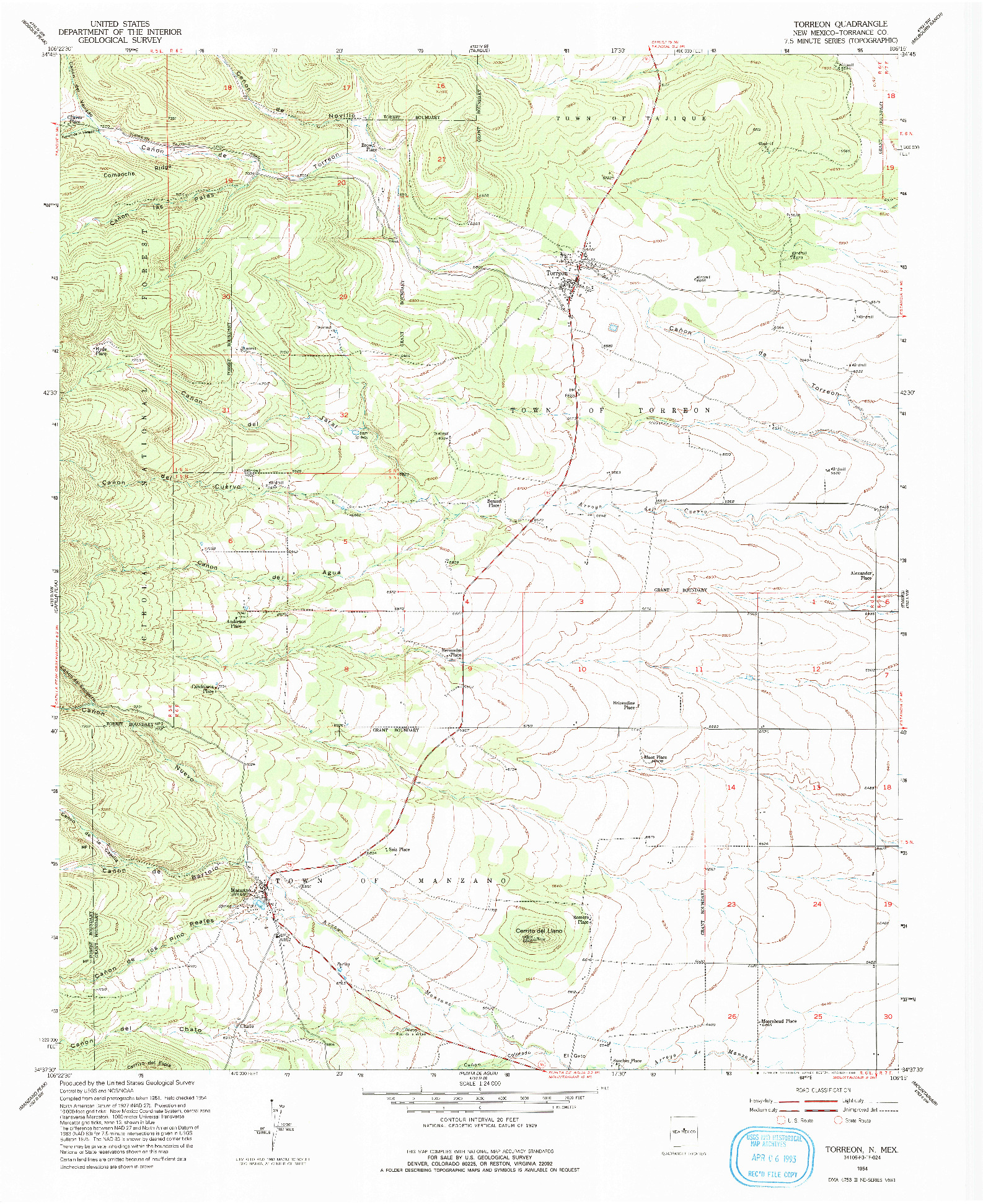 USGS 1:24000-SCALE QUADRANGLE FOR TORREON, NM 1954