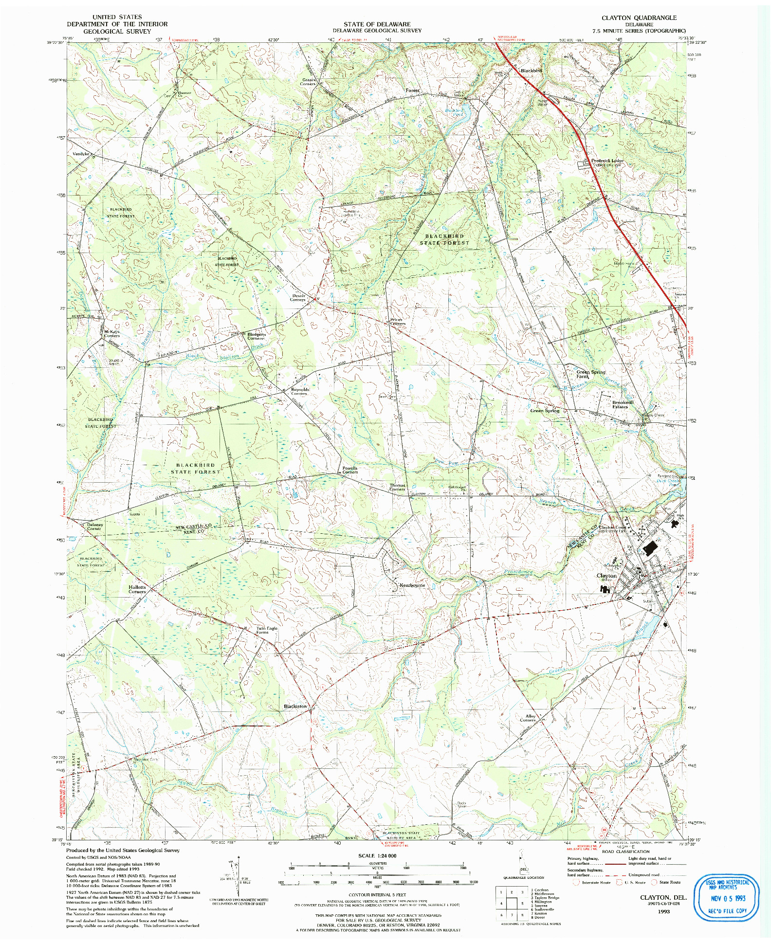 USGS 1:24000-SCALE QUADRANGLE FOR CLAYTON, DE 1993