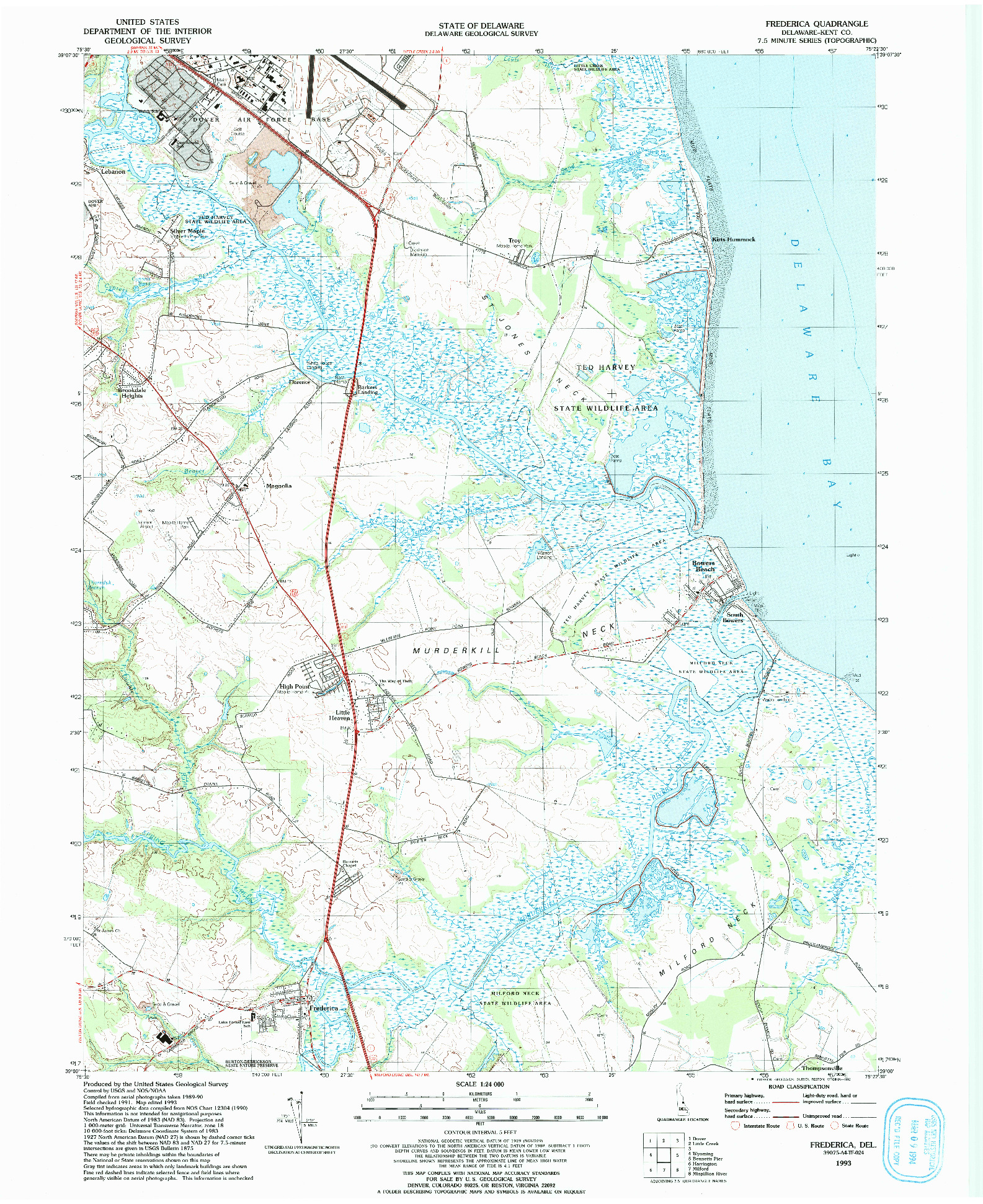 USGS 1:24000-SCALE QUADRANGLE FOR FREDERICA, DE 1993