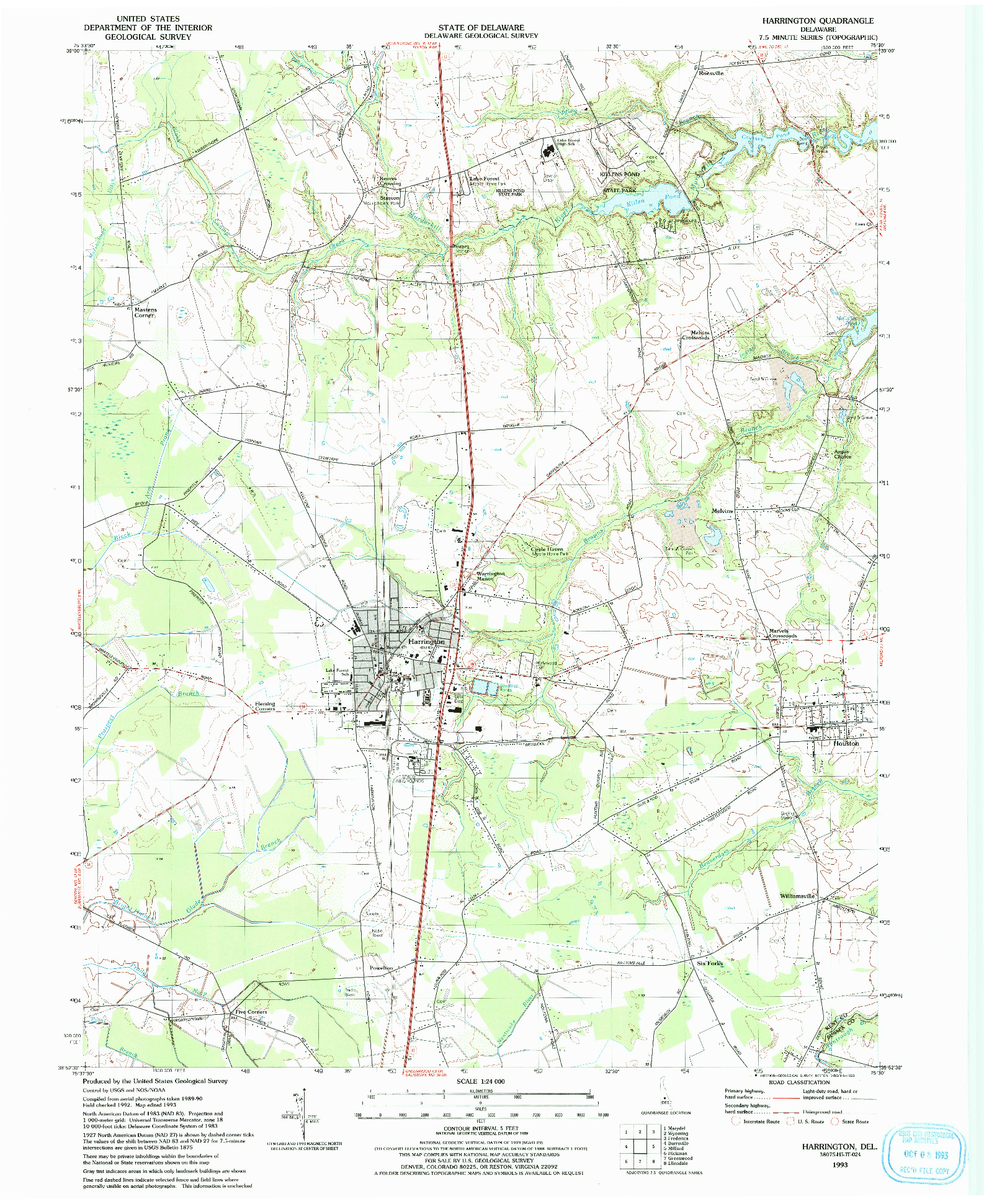 USGS 1:24000-SCALE QUADRANGLE FOR HARRINGTON, DE 1993