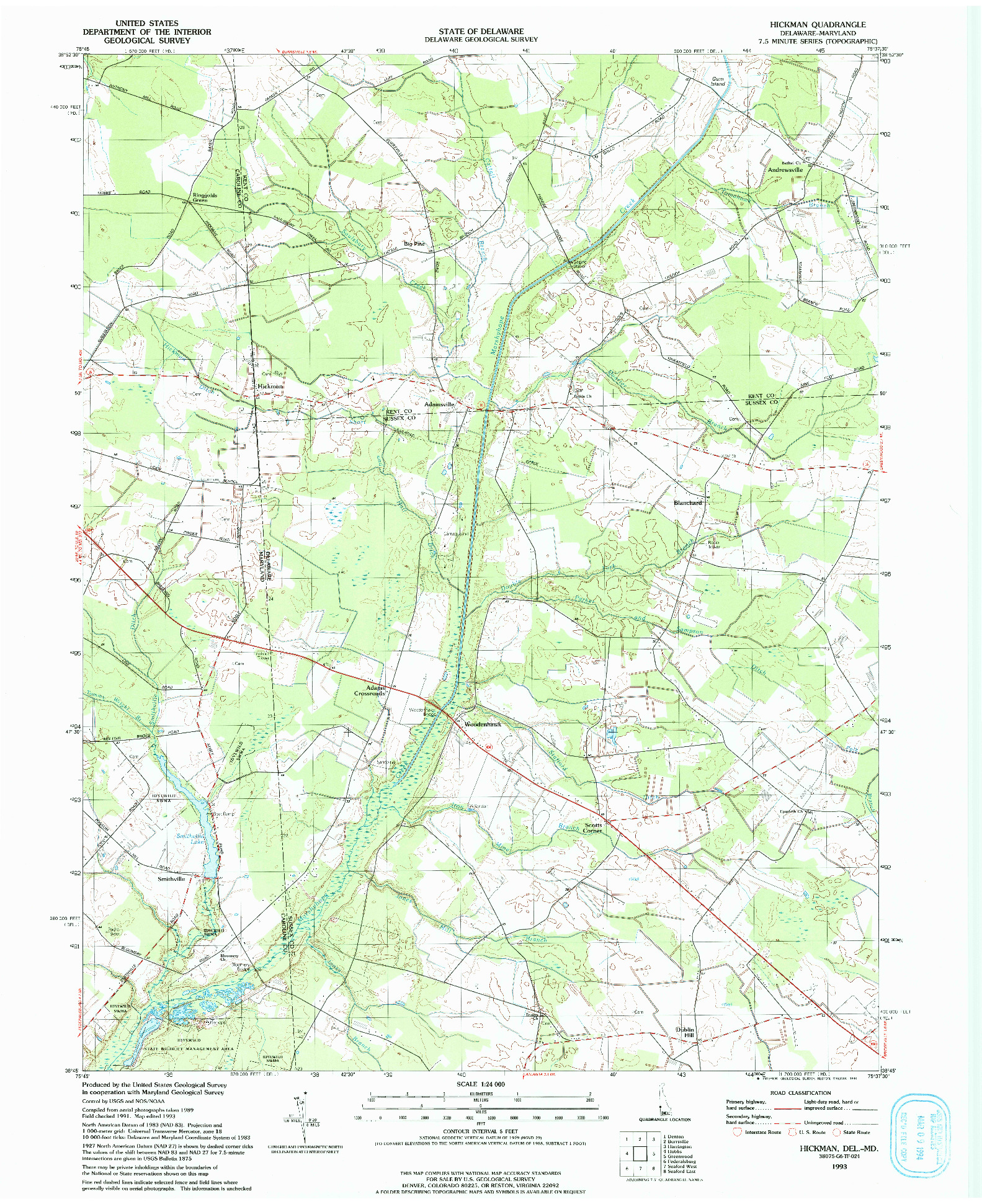 USGS 1:24000-SCALE QUADRANGLE FOR HICKMAN, DE 1993