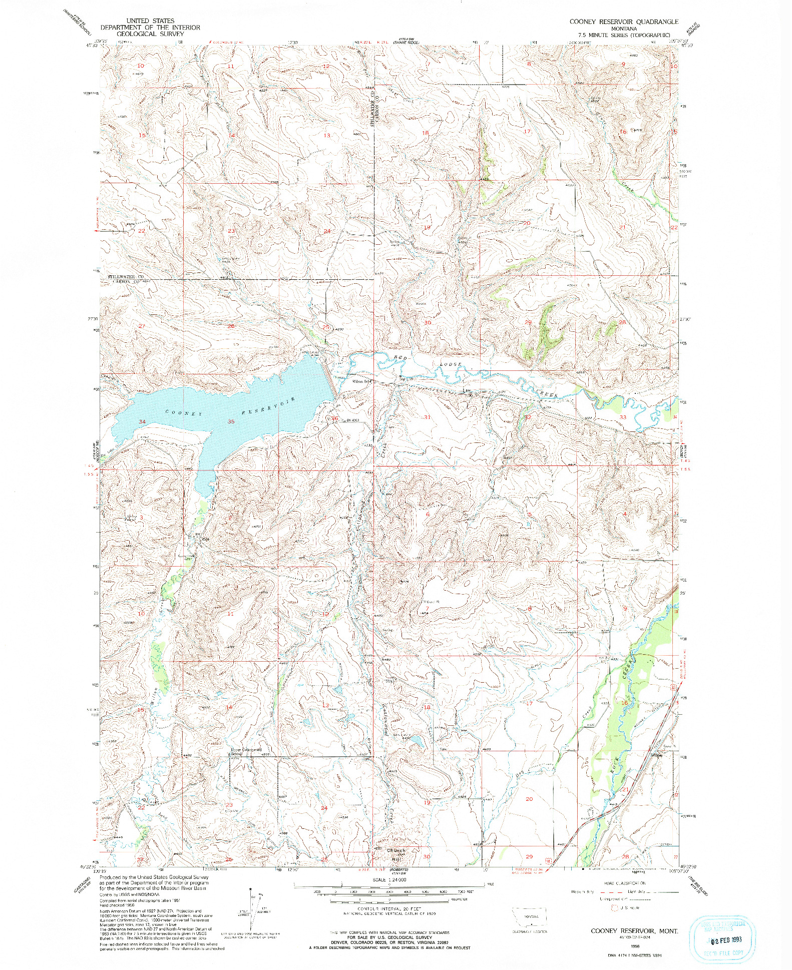USGS 1:24000-SCALE QUADRANGLE FOR COONEY RESERVOIR, MT 1956