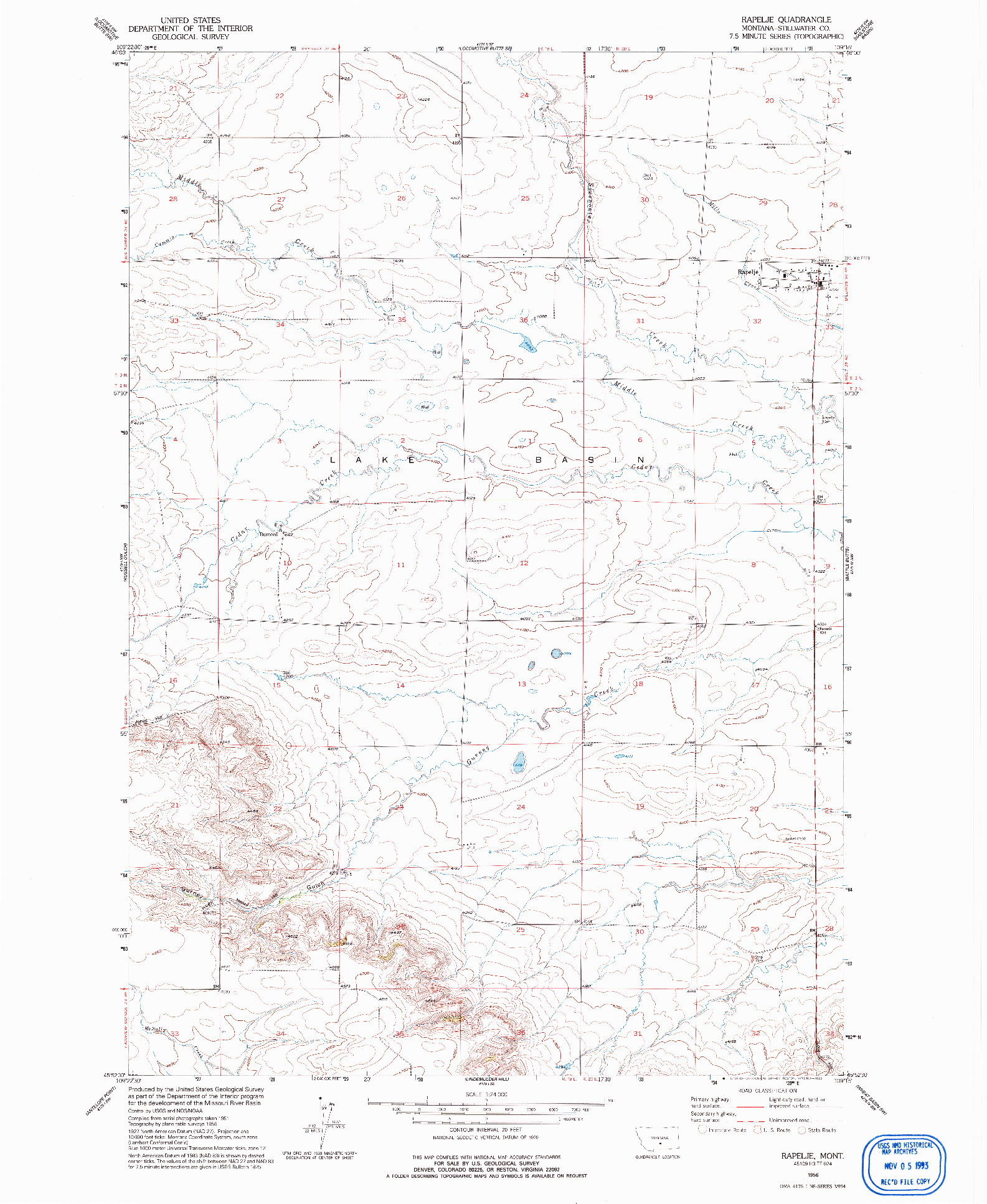 USGS 1:24000-SCALE QUADRANGLE FOR RAPELJE, MT 1956