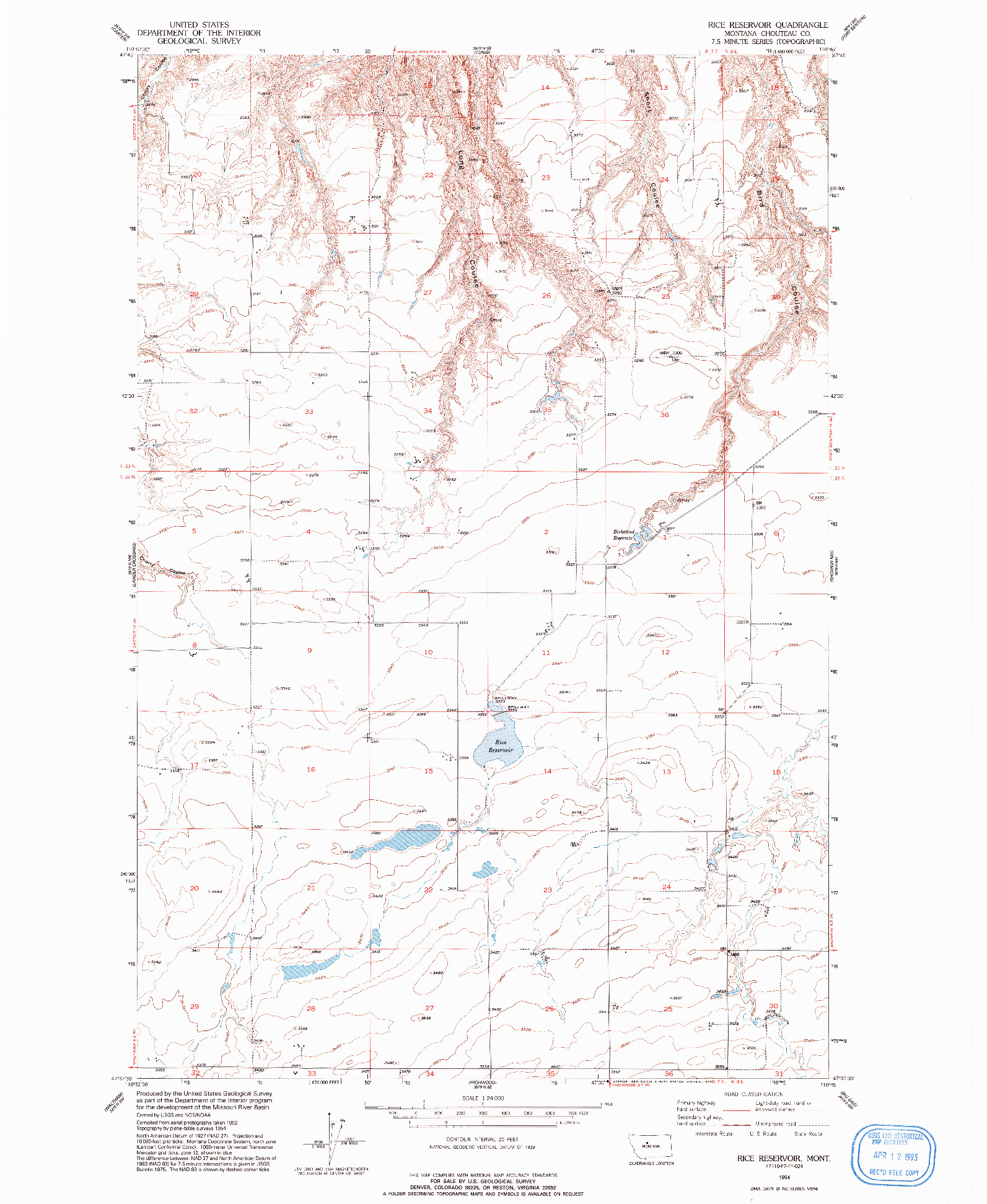 USGS 1:24000-SCALE QUADRANGLE FOR RICE RESERVOIR, MT 1954