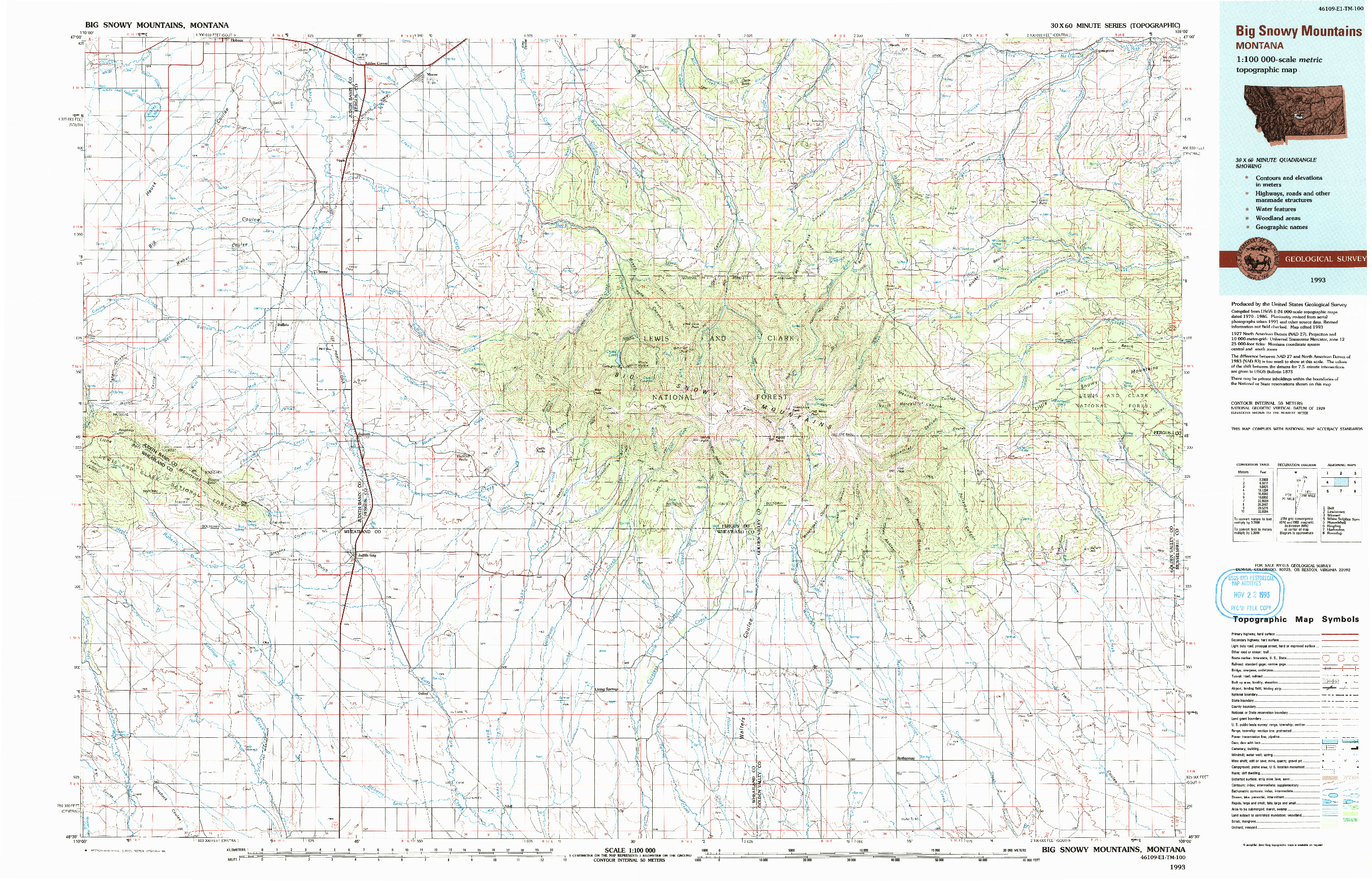 USGS 1:100000-SCALE QUADRANGLE FOR BIG SNOWY MOUNTAINS, MT 1993