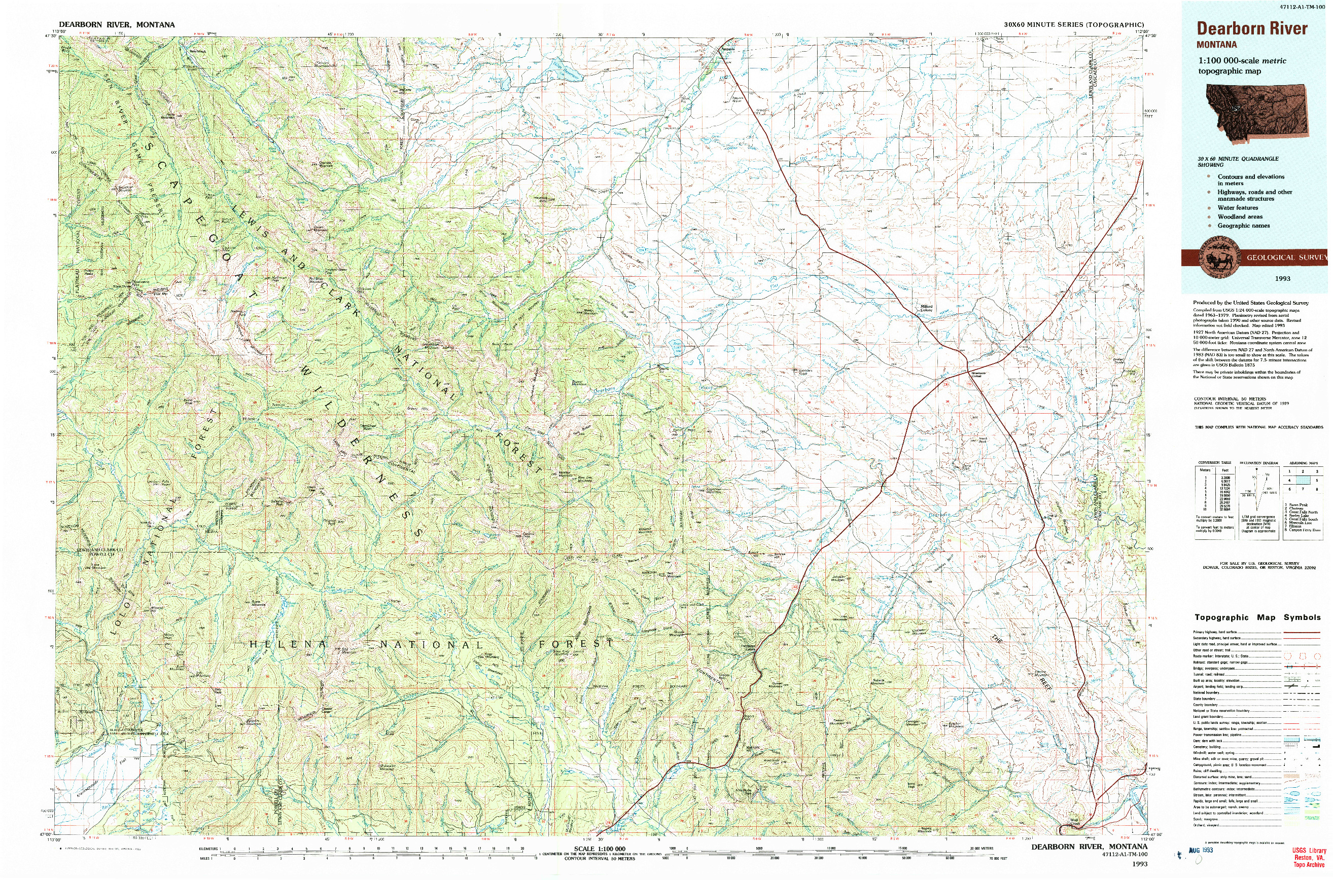 USGS 1:100000-SCALE QUADRANGLE FOR DEARBORN RIVER, MT 1993