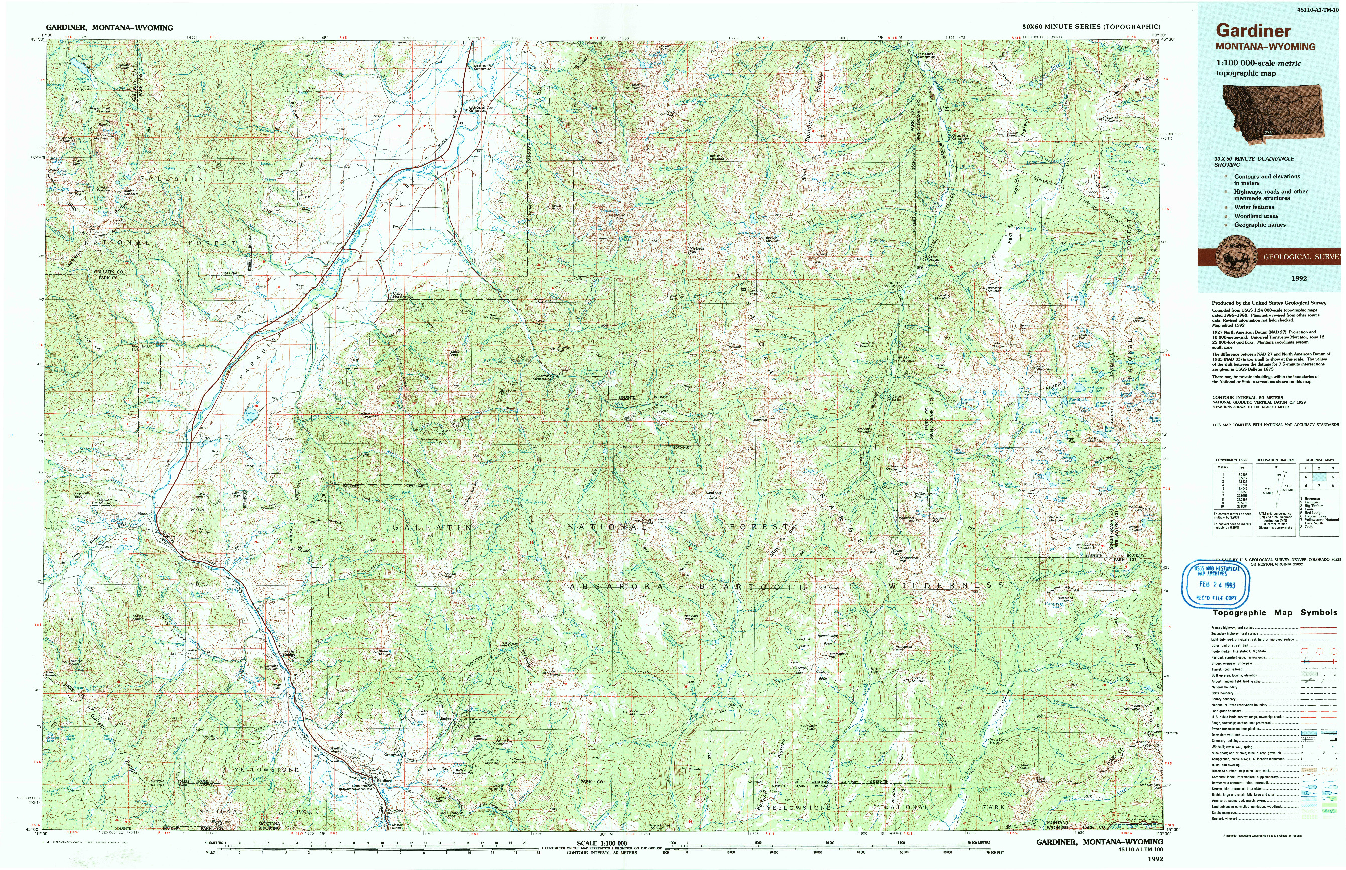 USGS 1:100000-SCALE QUADRANGLE FOR GARDINER, MT 1992