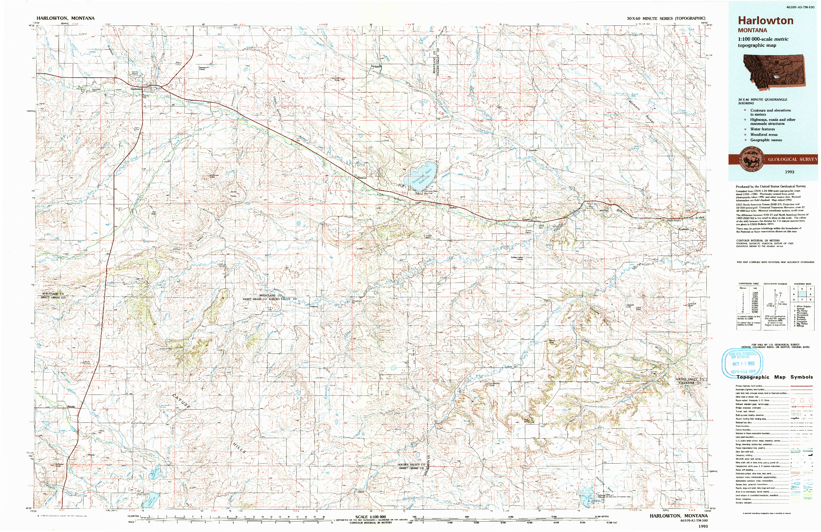 USGS 1:100000-SCALE QUADRANGLE FOR HARLOWTON, MT 1993