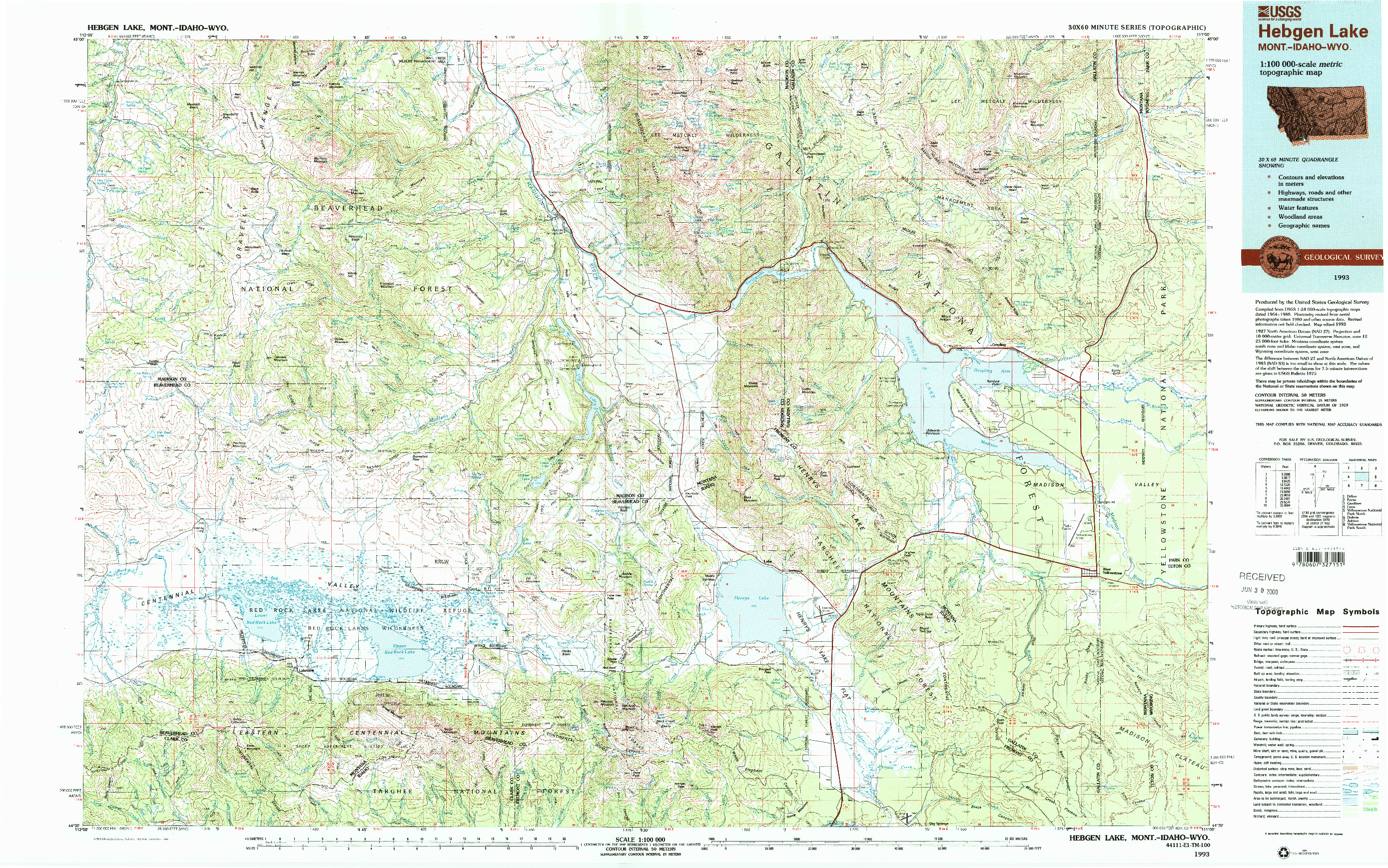 USGS 1:100000-SCALE QUADRANGLE FOR HEBGEN LAKE, MT 1993