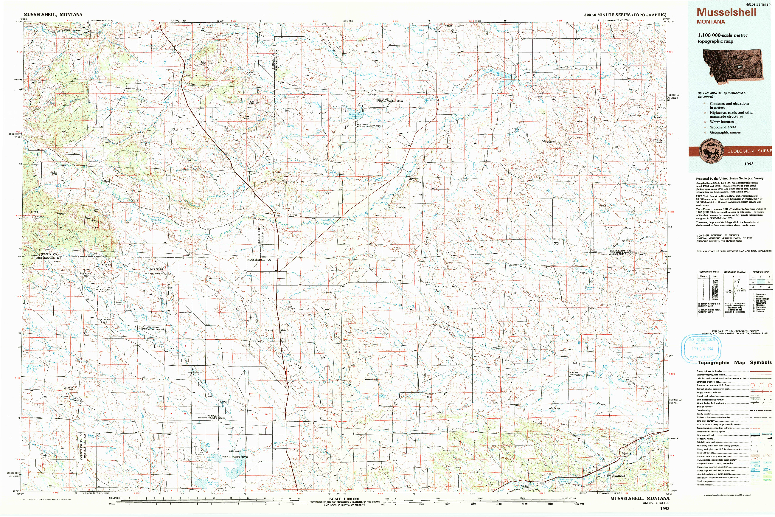 USGS 1:100000-SCALE QUADRANGLE FOR MUSSELSHELL, MT 1993