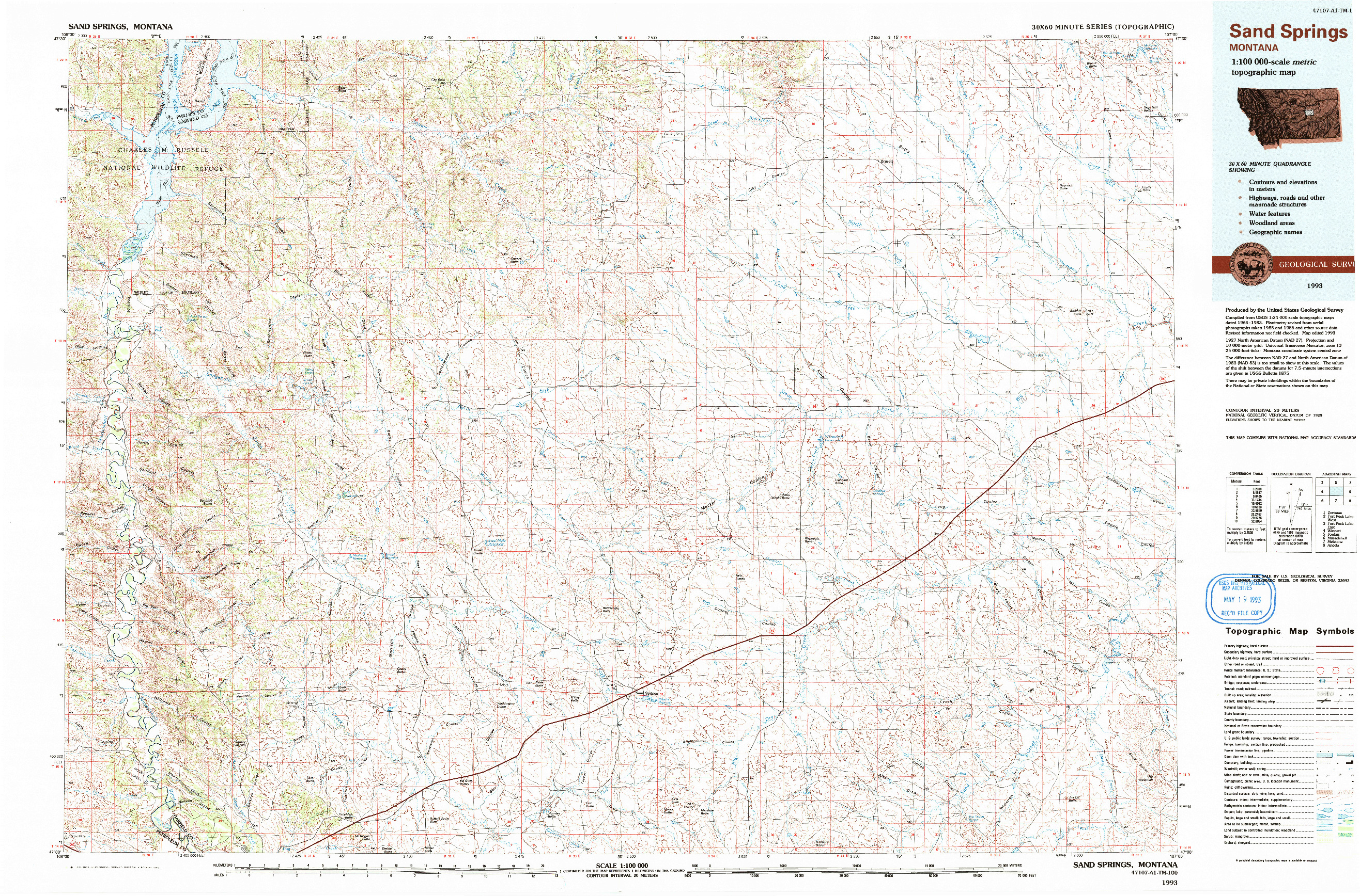 USGS 1:100000-SCALE QUADRANGLE FOR SAND SPRINGS, MT 1993