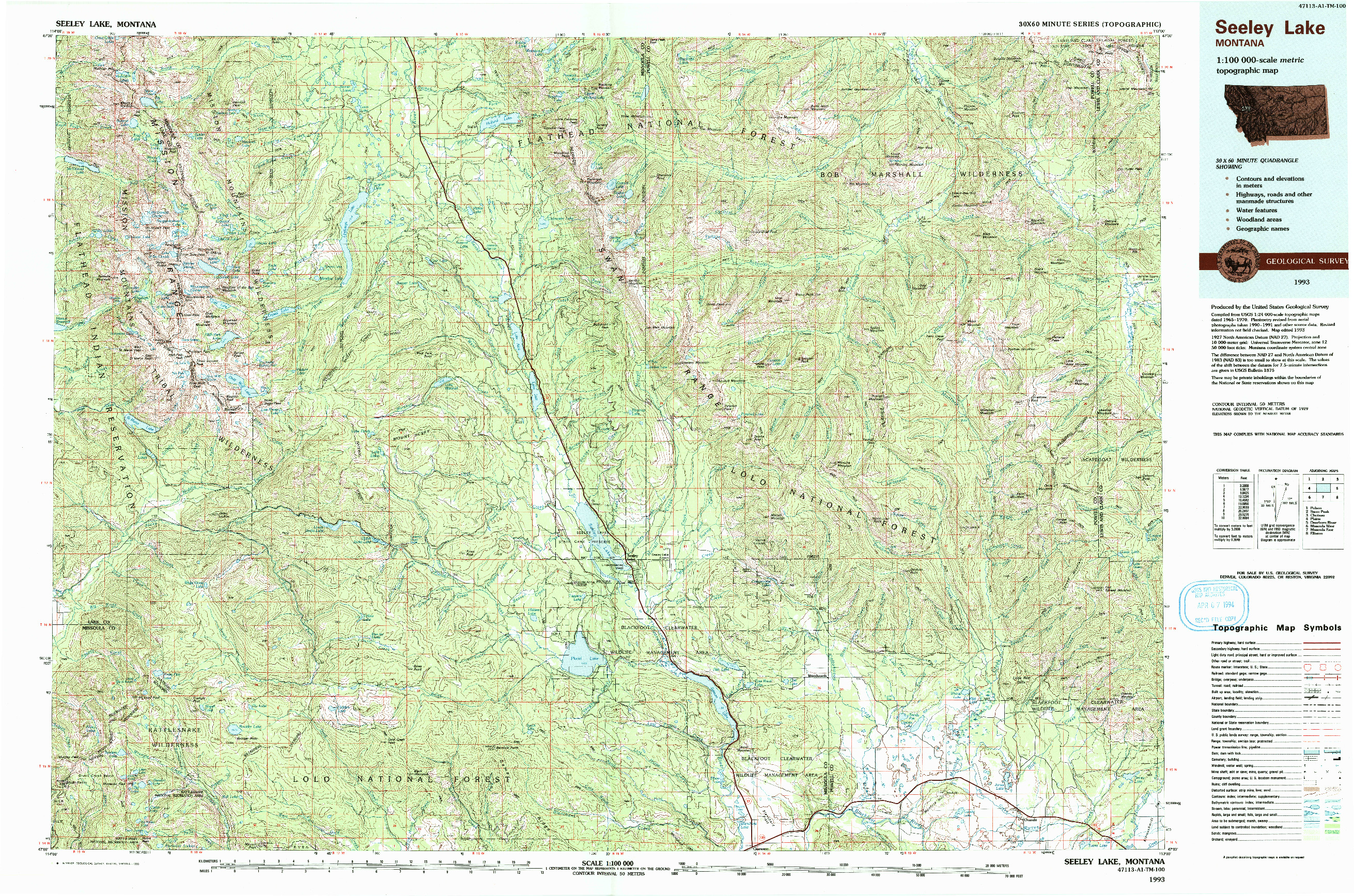 USGS 1:100000-SCALE QUADRANGLE FOR SEELEY LAKE, MT 1993