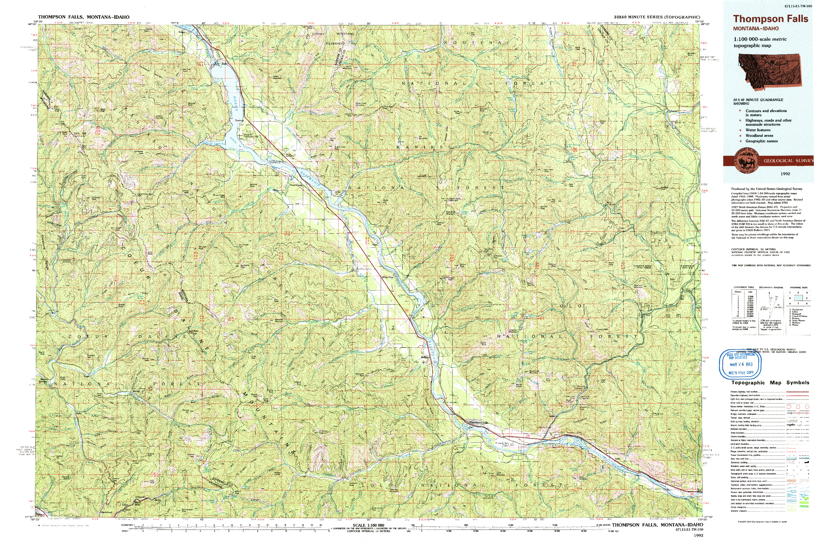 USGS 1:100000-SCALE QUADRANGLE FOR THOMPSON FALLS, MT 1992