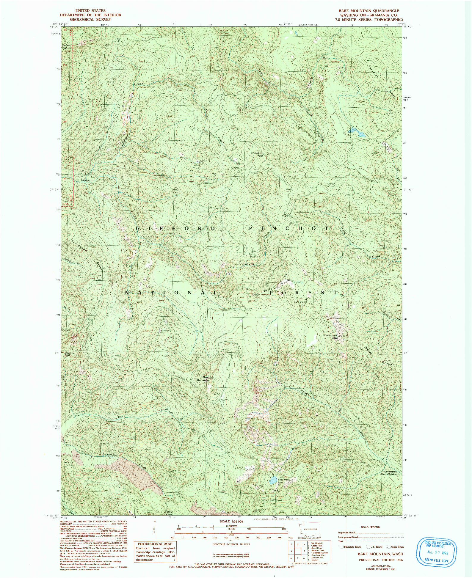 USGS 1:24000-SCALE QUADRANGLE FOR BARE MOUNTAIN, WA 1986