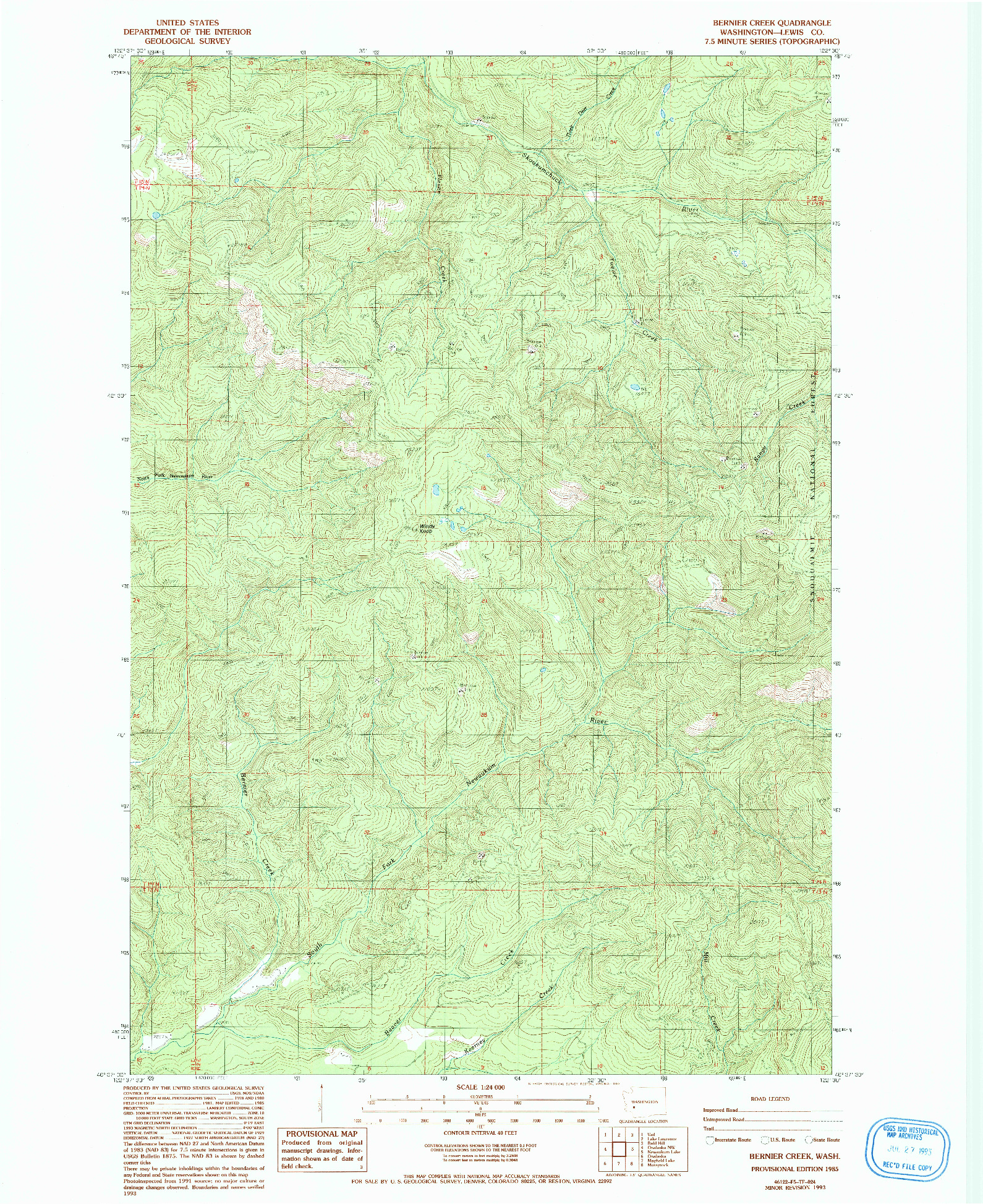 USGS 1:24000-SCALE QUADRANGLE FOR BERNIER CREEK, WA 1985