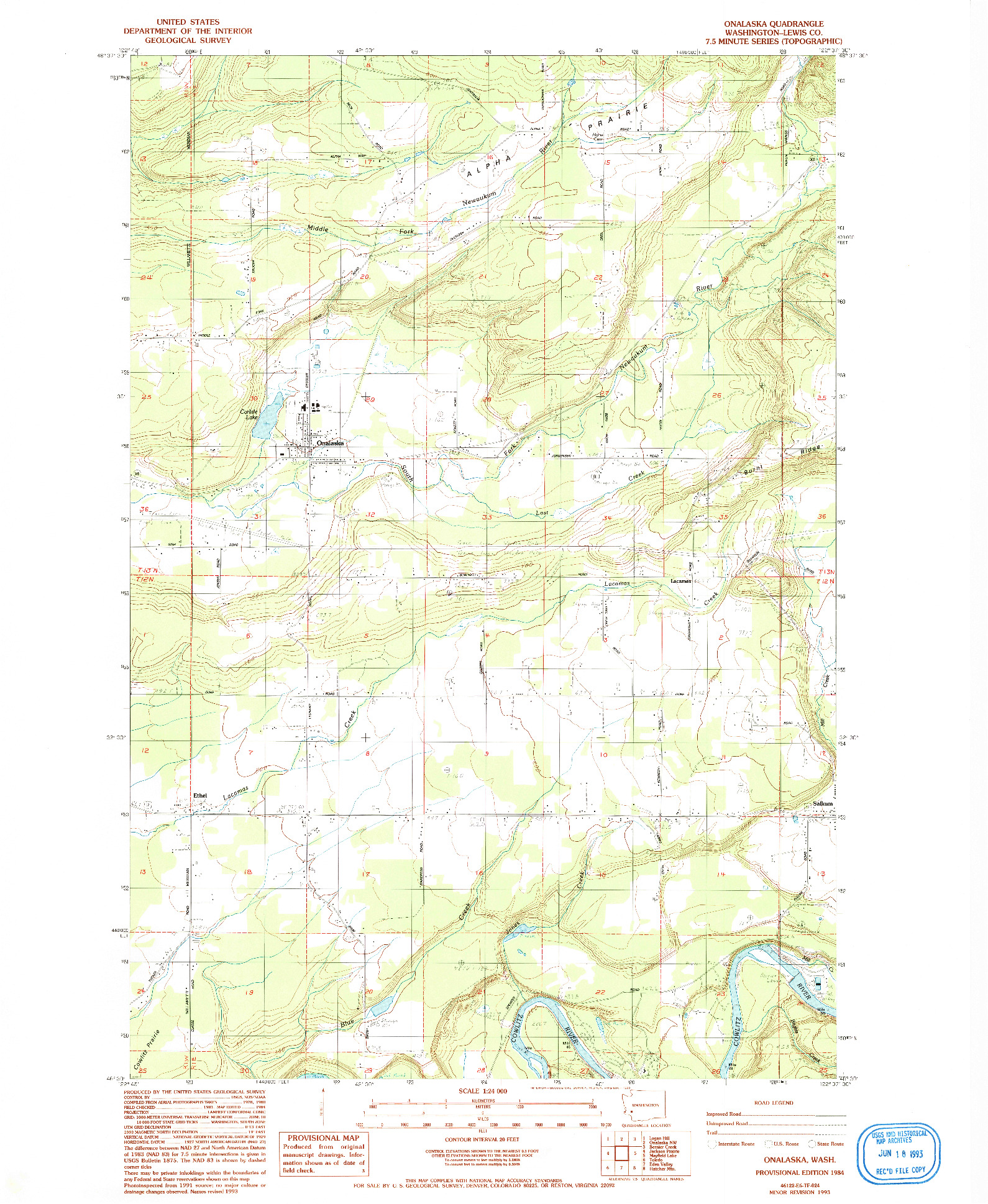 USGS 1:24000-SCALE QUADRANGLE FOR ONALASKA, WA 1984