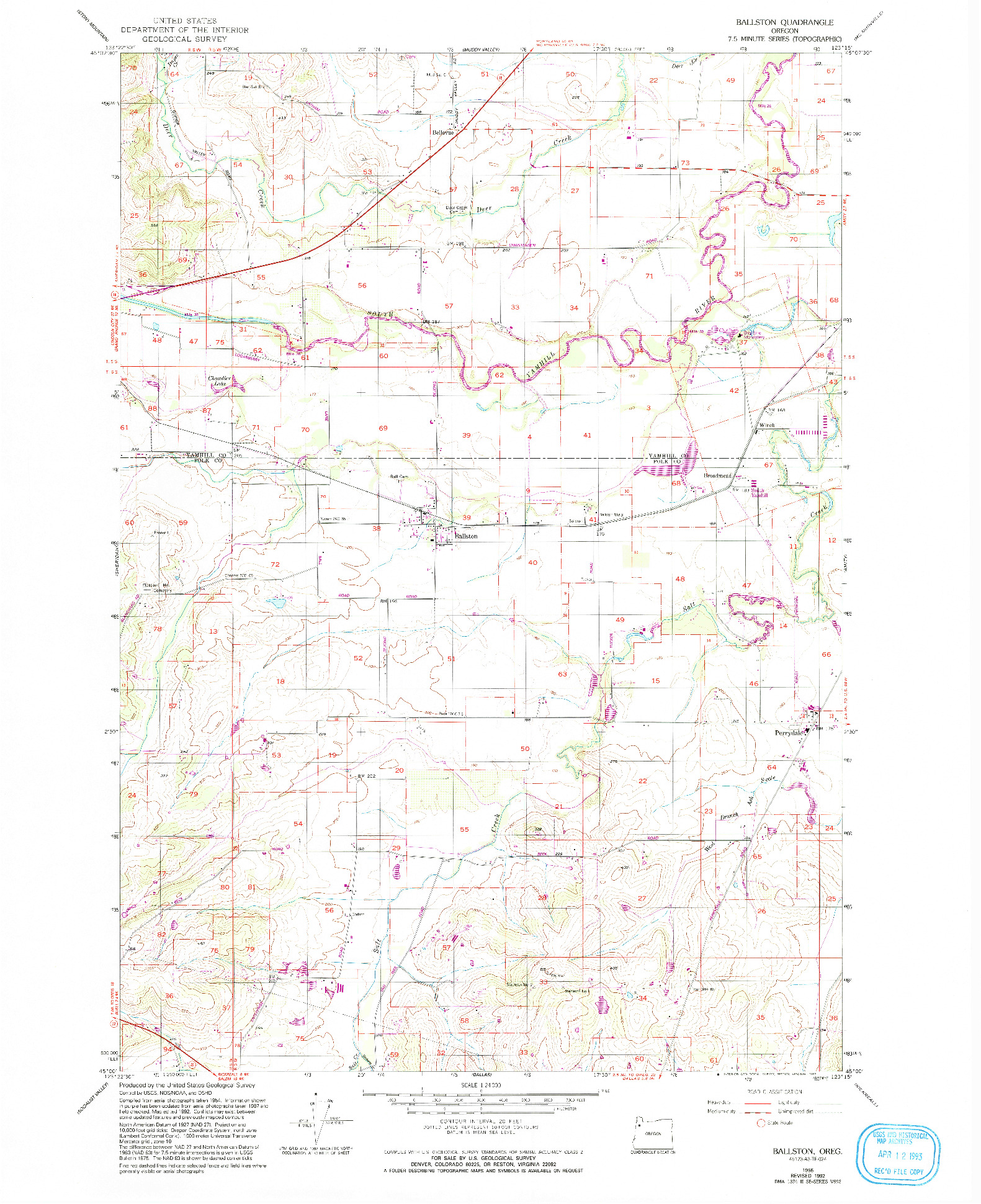 USGS 1:24000-SCALE QUADRANGLE FOR BALLSTON, OR 1956