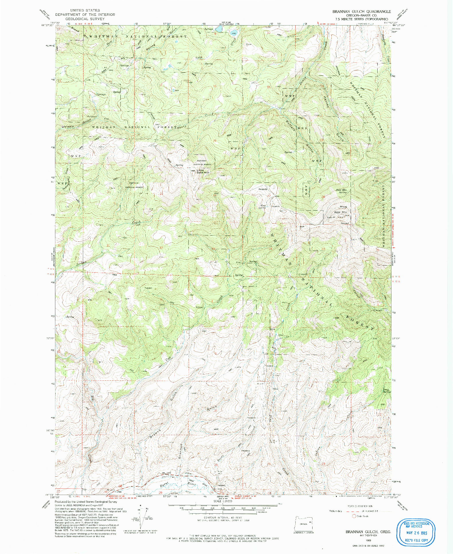 USGS 1:24000-SCALE QUADRANGLE FOR BRANNAN GULCH, OR 1993