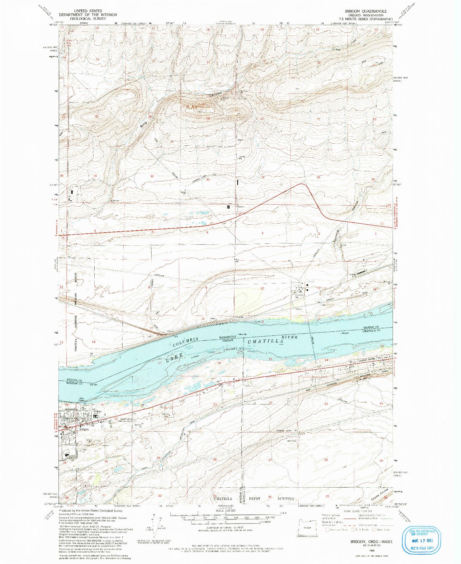USGS 1:24000-SCALE QUADRANGLE FOR IRRIGON, OR 1993