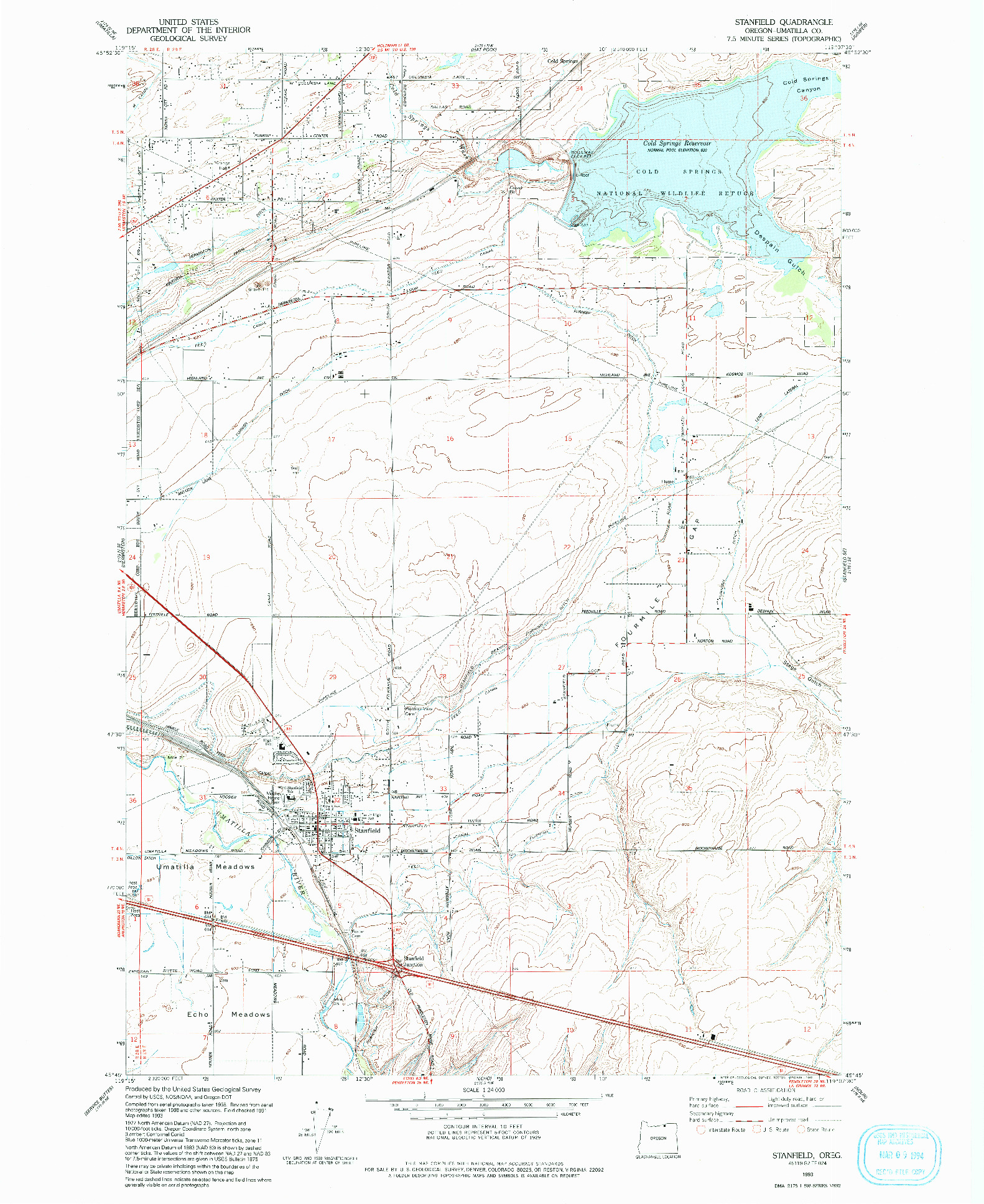 USGS 1:24000-SCALE QUADRANGLE FOR STANFIELD, OR 1993
