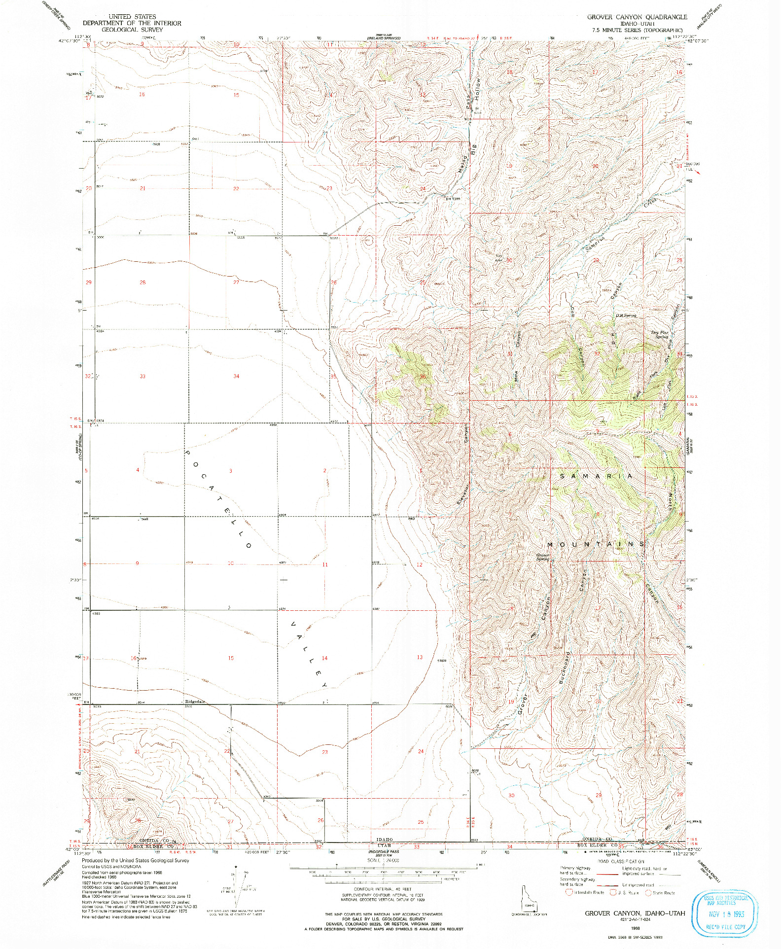 USGS 1:24000-SCALE QUADRANGLE FOR GROVER CANYON, ID 1968
