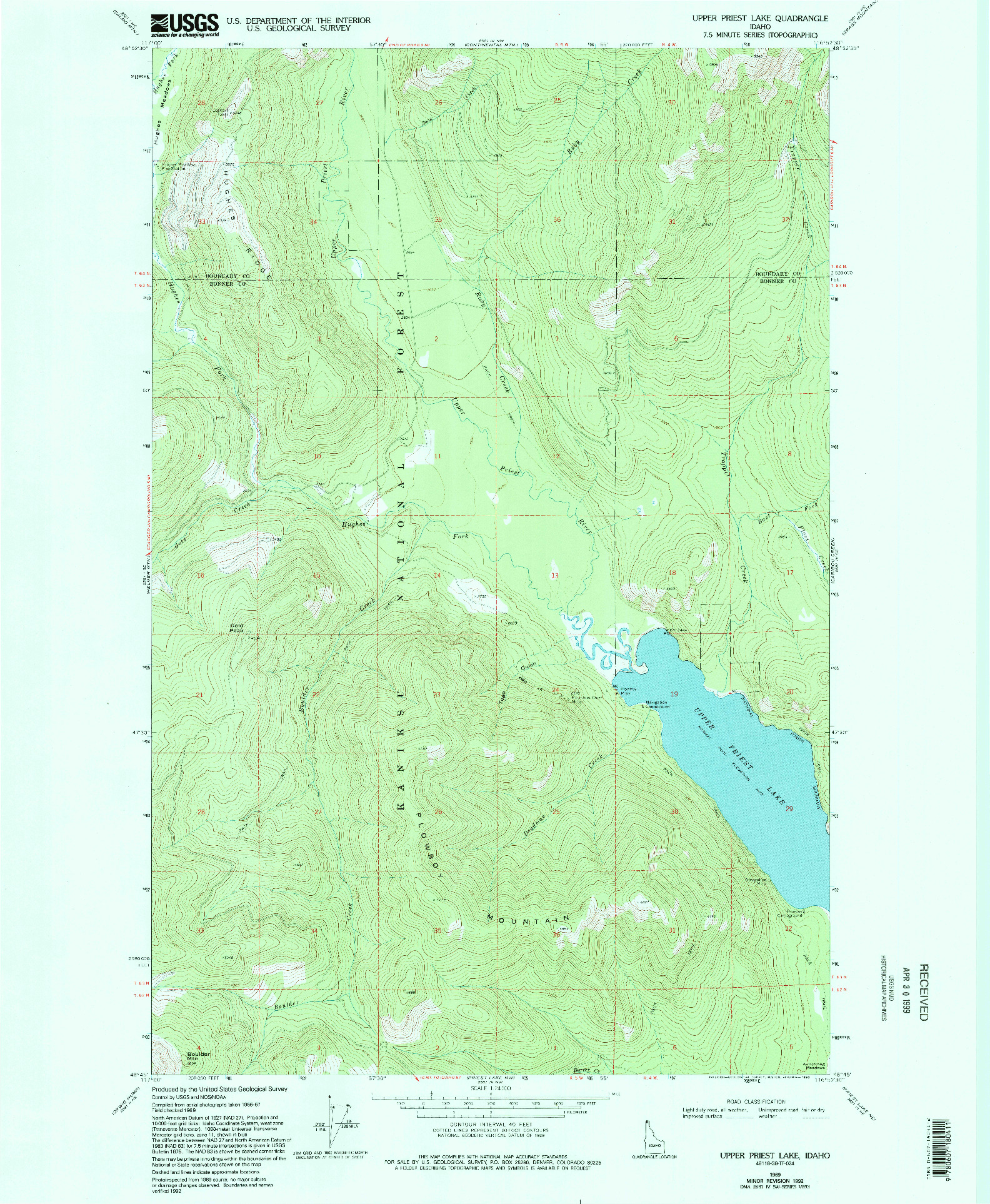 USGS 1:24000-SCALE QUADRANGLE FOR UPPER PRIEST LAKE, ID 1969