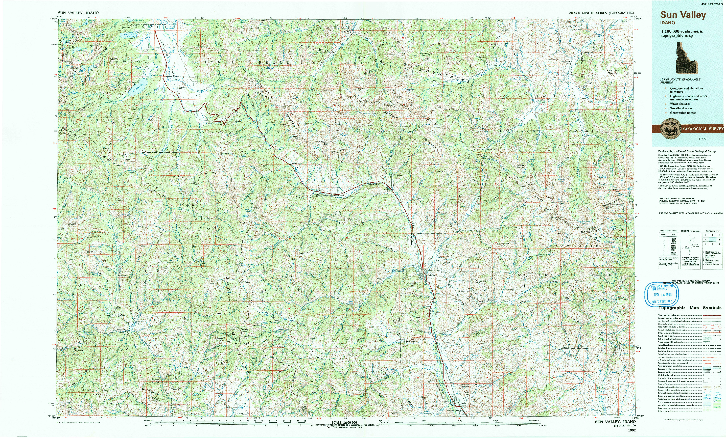 USGS 1:100000-SCALE QUADRANGLE FOR SUN VALLEY, ID 1992