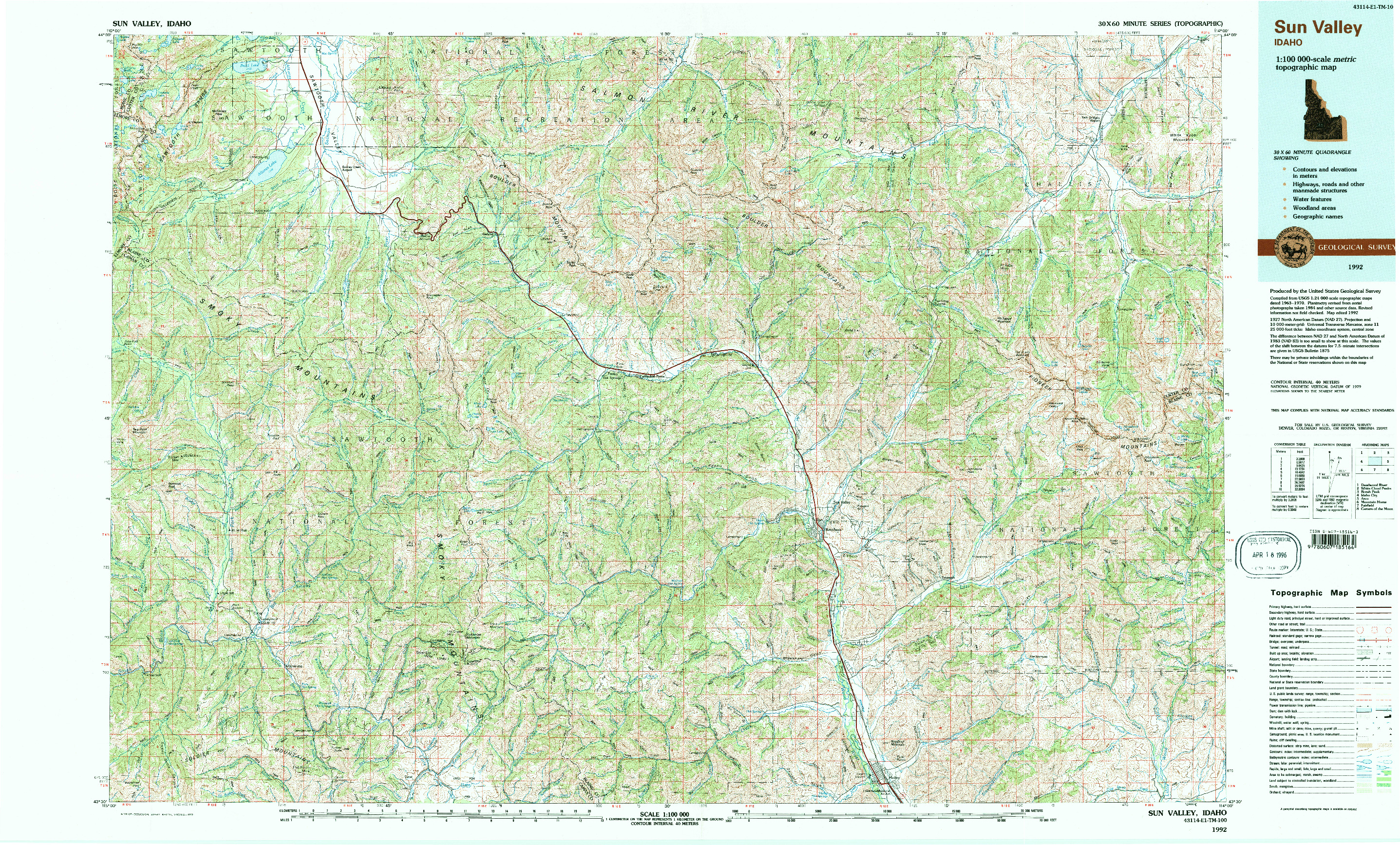 USGS 1:100000-SCALE QUADRANGLE FOR SUN VALLEY, ID 1992