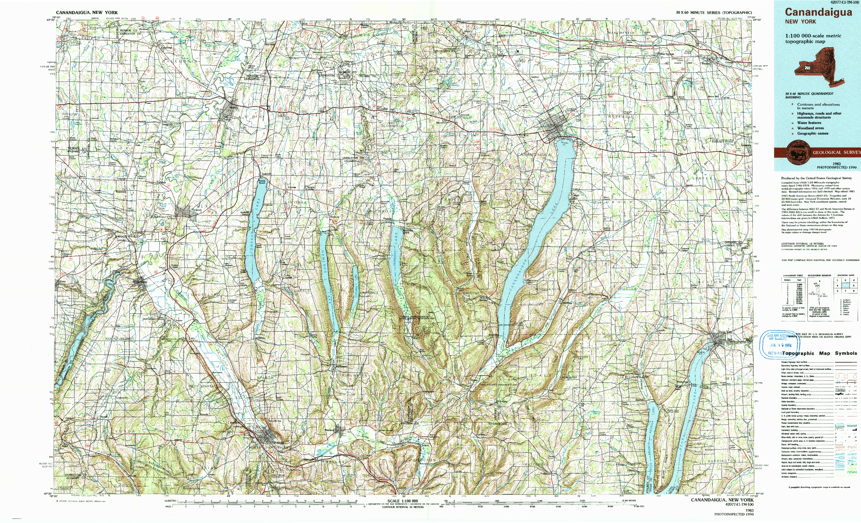 USGS 1:100000-SCALE QUADRANGLE FOR CANANDAIGUA, NY 1983
